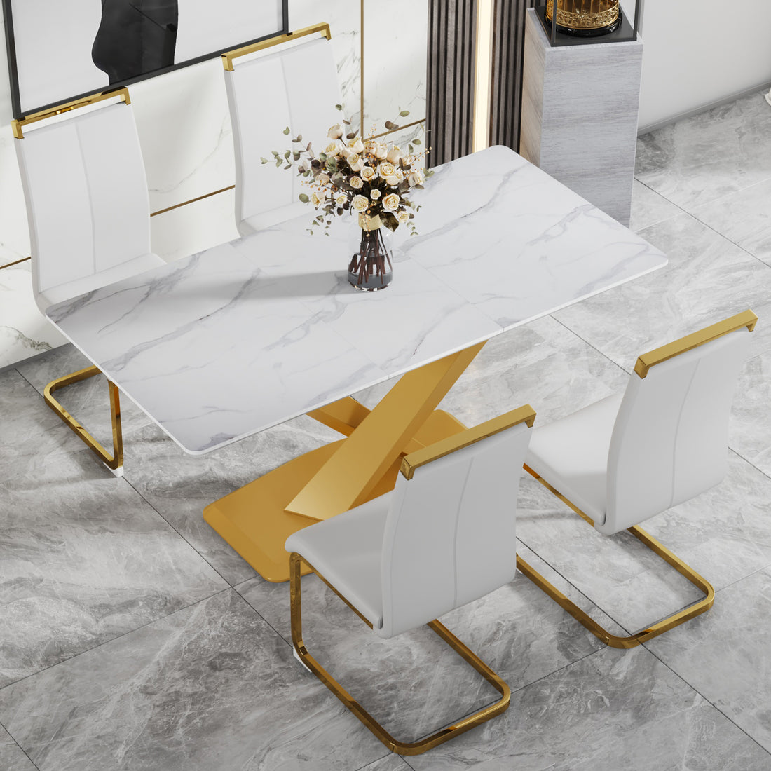 Table And Chair Set, The Table Is Equipped With A Marble Patterned Mdf Tabletop And Gold Table Legs.The Chair Is Equipped With Pu Synthetic Leather High Back Cushion And Gold Coated Metal Legs. Gold White Seats 4 Mdf Metal