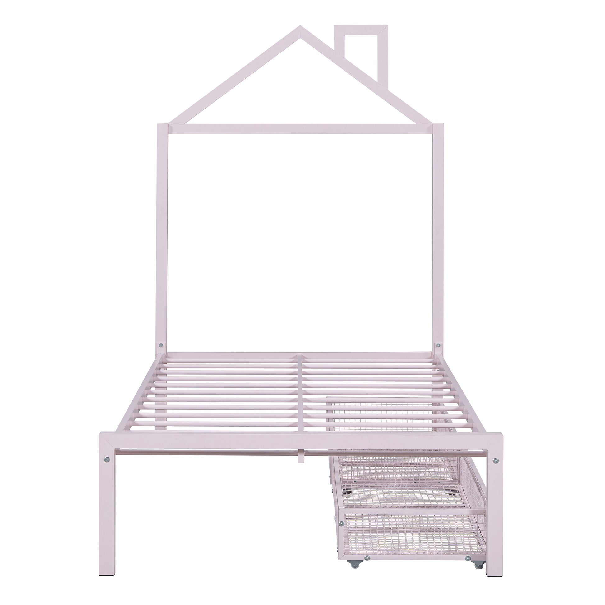 Twin Size Metal Platform Bed With Two Drawers,House Shaped Headboard Design, Pink Twin Pink Metal