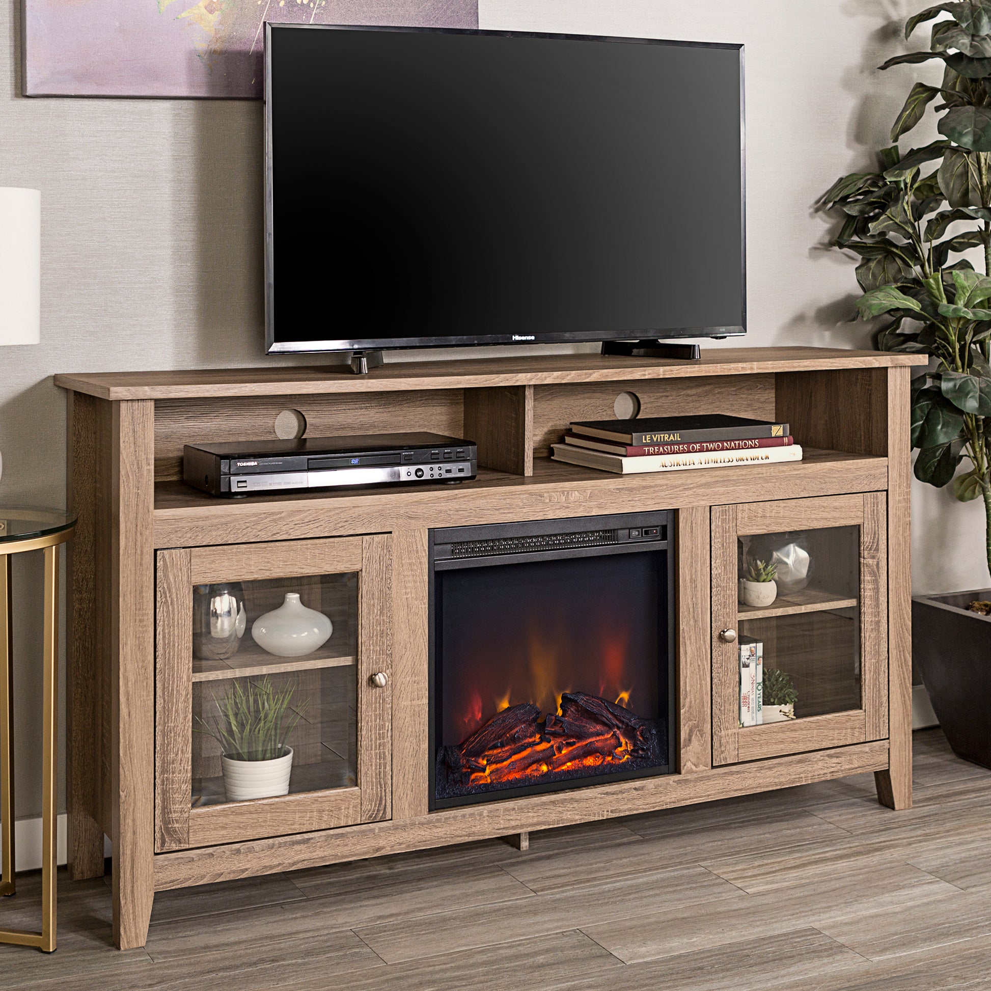 Classic Glass Door Fireplace Tall Tv Stand For Tvs Up To 65" Driftwood Reclaimed Barnwood Mdf