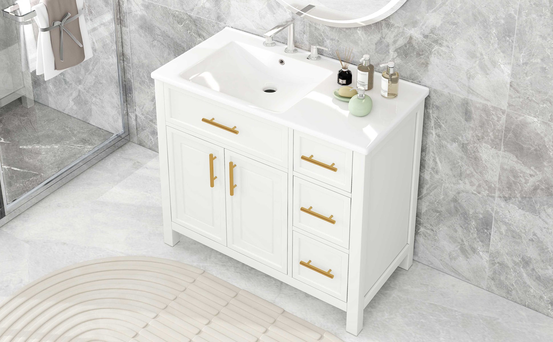 36" Bathroom Vanity With Sink Top, Bathroom Vanity Cabinet With Two Doors And Three Drawers, Solid Woodmdf Boards ,One Package, White White Solid Wood Mdf
