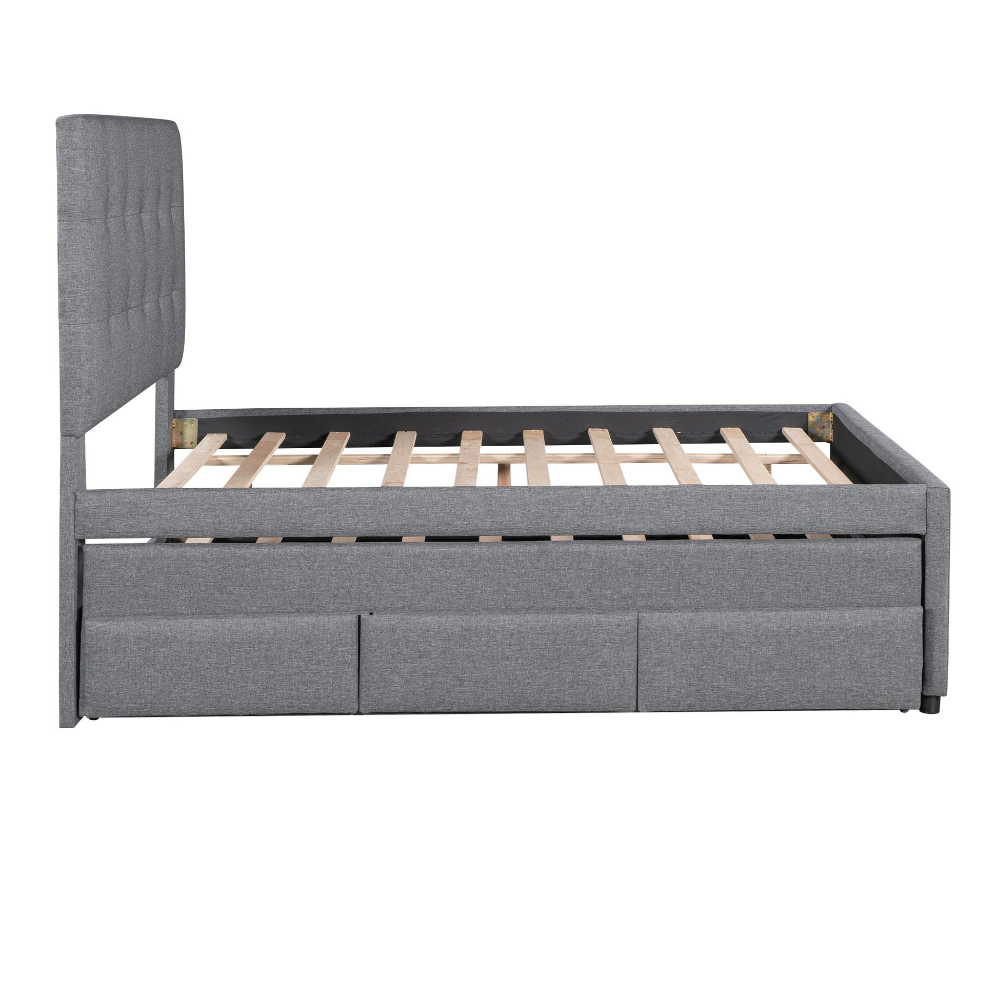 Full Size Upholstered Platform Bed With Pull Out Twin Size Trundle And 3 Drawers, Gray Full Gray Upholstered