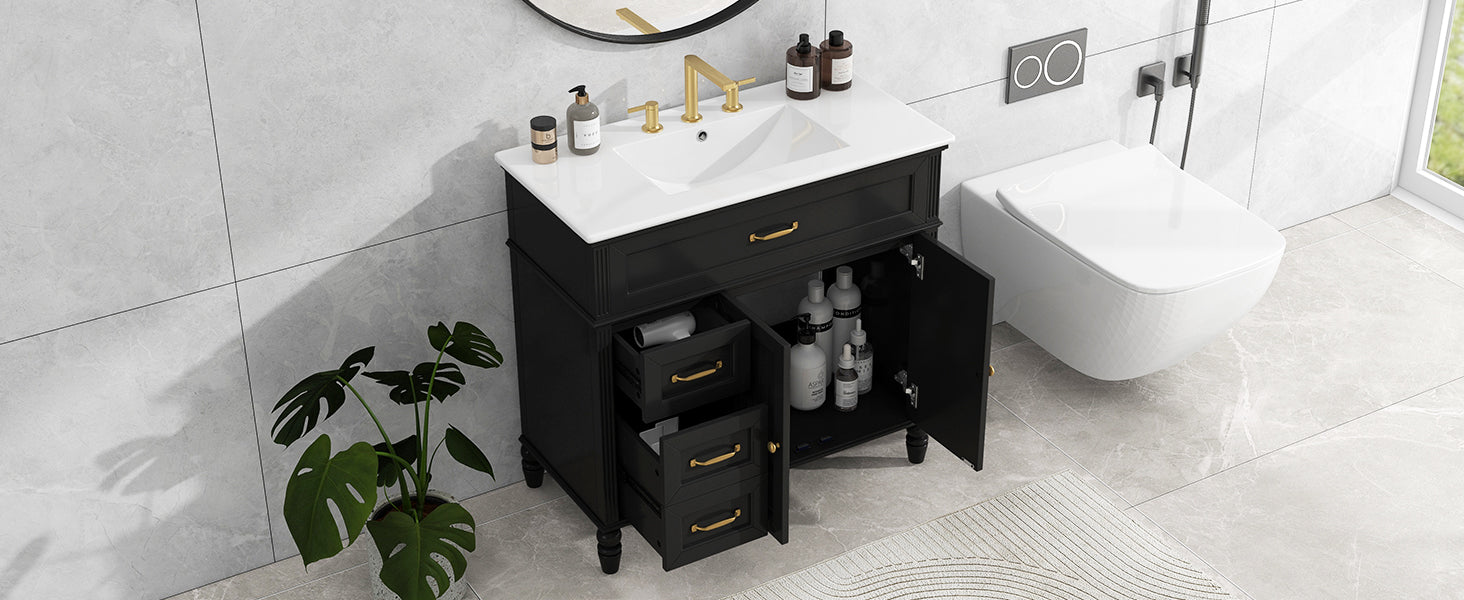 36" Bathroom Vanity With Sink, Black Bathroom Cabinet With Drawers, Solid Frame And Mdf Board, One Package Black Solid Wood Mdf