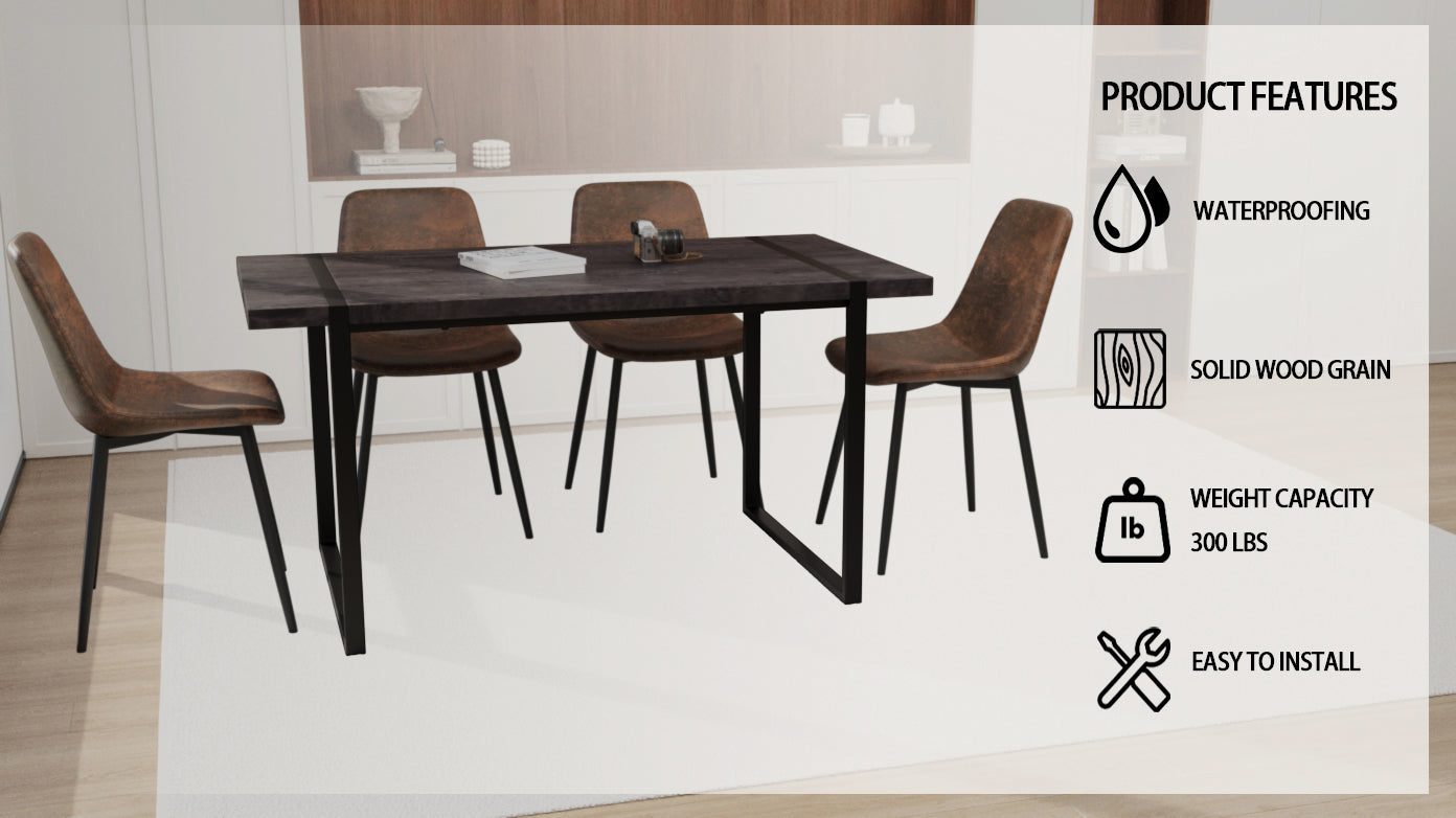 Mdf Black Wooden Dining Table And Modern Dining Chair 4 Piece Set, Medieval Wooden Kitchen Dining Table Set, Rectangular Metal Base, Dining Table And Suede Chair Black Brown Mdf