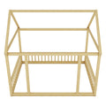 Full Size Floor Wooden Bed With House Roof Frame And Safety Guardrails ,Natural Full Natural Pine