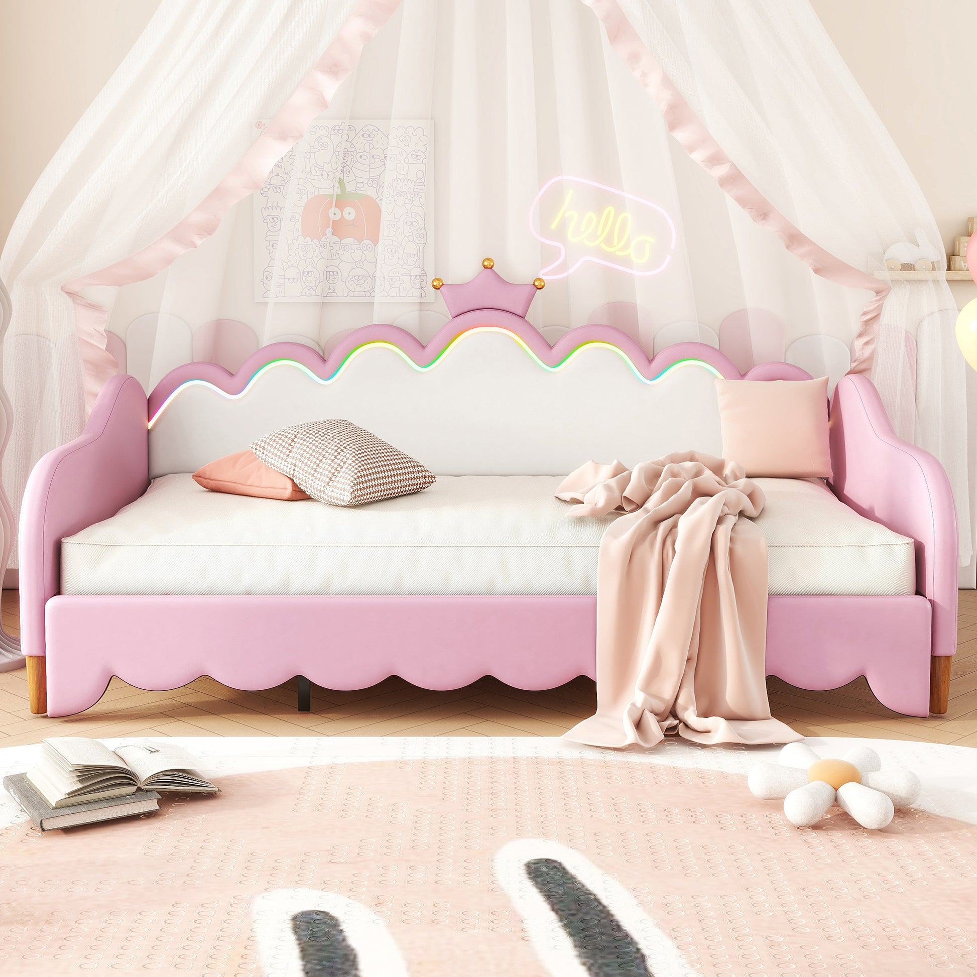 Twin Extending Daybed With Led Lights, Modern Upholstered Princess Daybed With Crown Headboard,Pink Twin Pink Wood