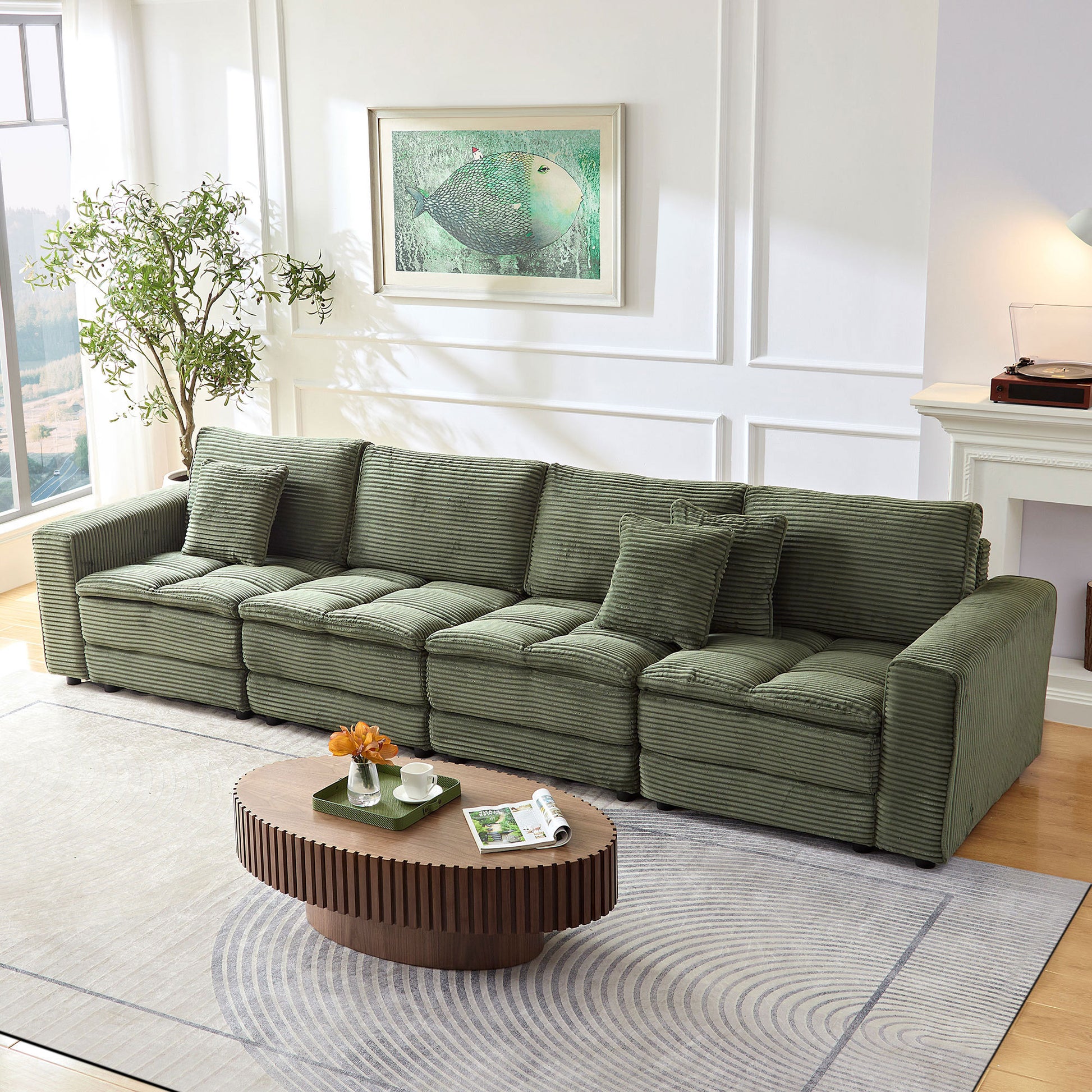 4 Seats Complimentary 2 Pillows ,Oversized Sectional Sofa,L Shaped Corner Couch With Detachable Seat & Back Cushion, Corduroy Upholstery Convertible Sleeper Sofa&Couch For Living Room Green Fabric 4 Seat