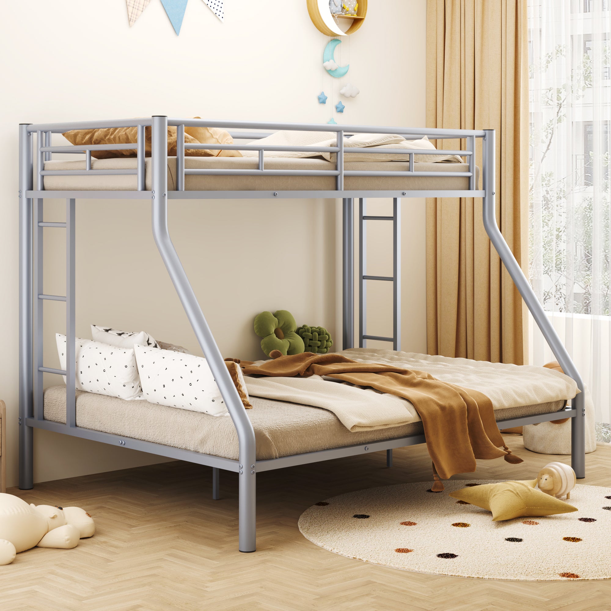 Twin Xl Over Queen Metal Bunk Bed With Ladder And Guardrails, Silver Box Spring Not Required Twin Xl Silver Metal Metal