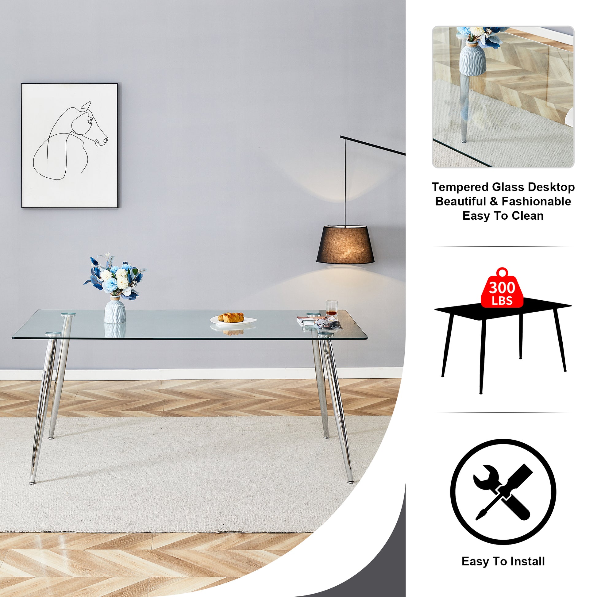 Table And Chair Set.Modern Rectangular Glass Dining Table With Tempered Glass Countertop And Silver Metal Legs, Paired With Multiple Transparent High Quality Pet Dining Chairs With Silver Legs. Silver Seats 6 Tempered Glass