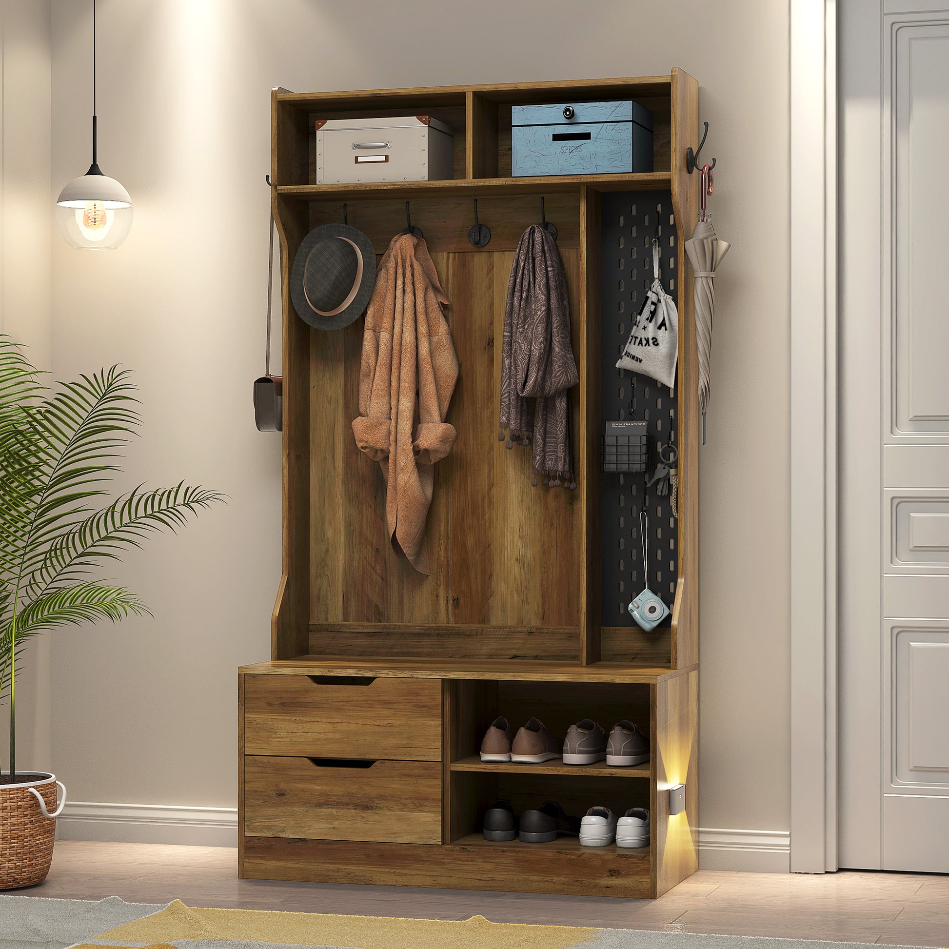 Hall Tree With 5 Hooks,Coat Hanger, Entryway Bench, Storage Bench,For Entrance, Hallwa,Brown Brown Mdf