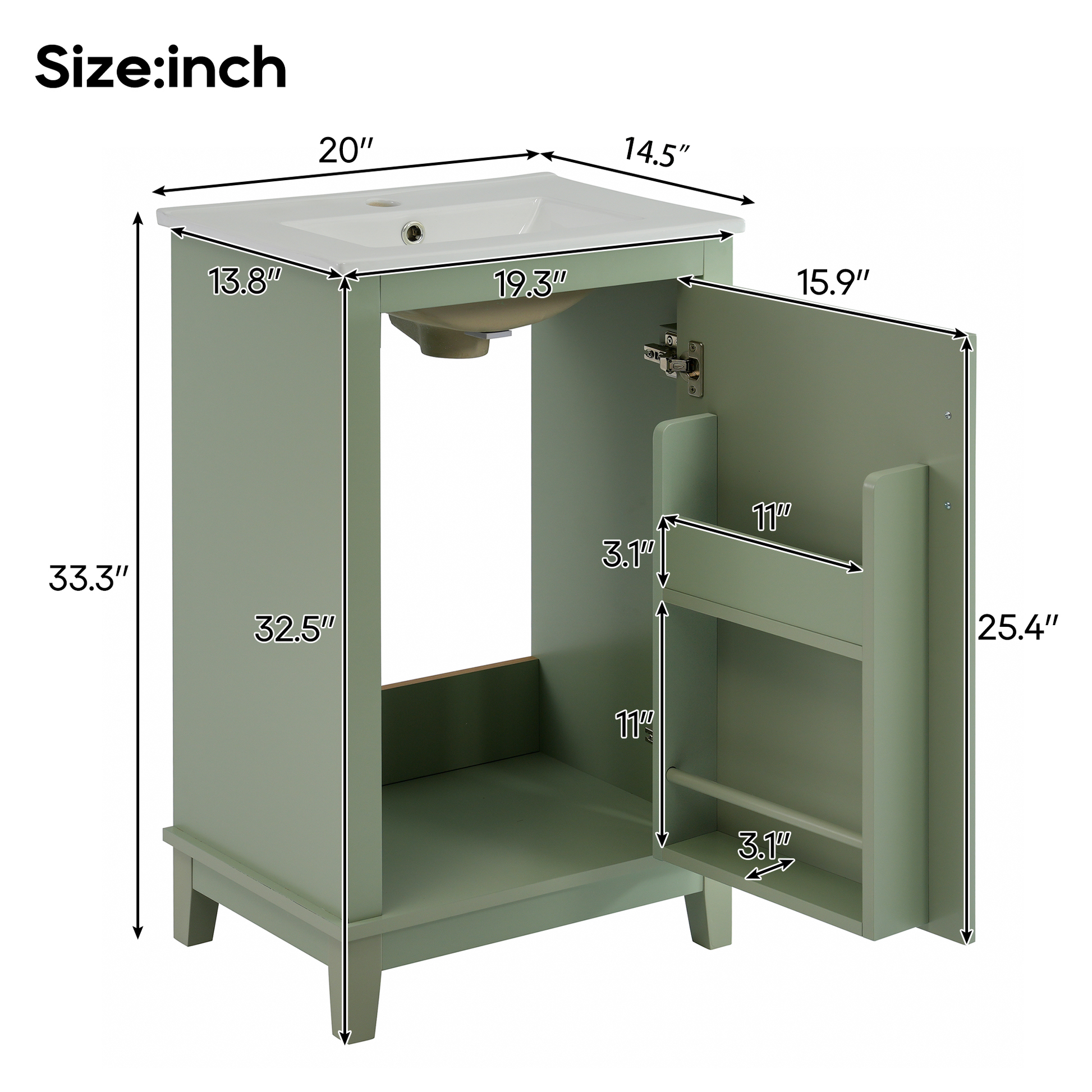 Viedo 20 Inch Modern Small Bathroom Vanity Cabinet With Ceramic Basin 20*15.5*33.3 Inches,Ample Storage,1 Soft Close Door Green Bathroom Solid Wood Mdf