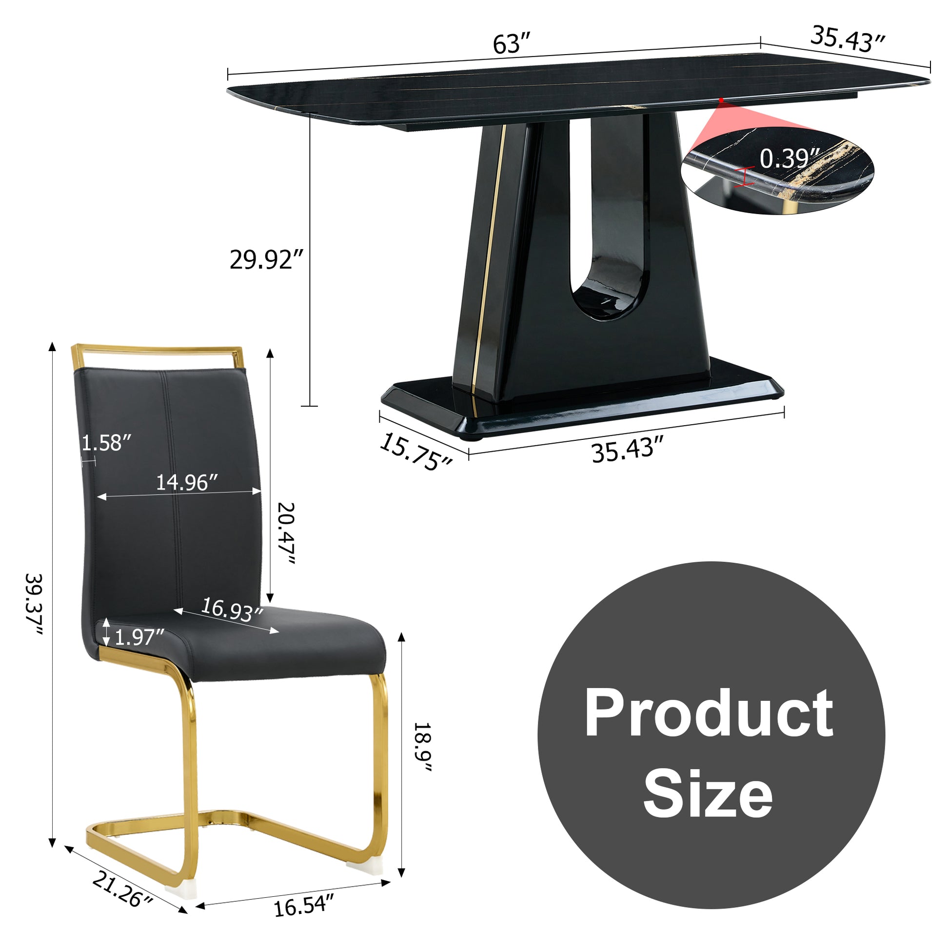 1 Table And 6 Chairs. Modern, Simple And Luxurious Black Imitation Marble Rectangular Dining Table And Desk With 6 Black Pu Gold Plated Leg Chairs 63'' X 35.4'' X 30'' Black Mdf