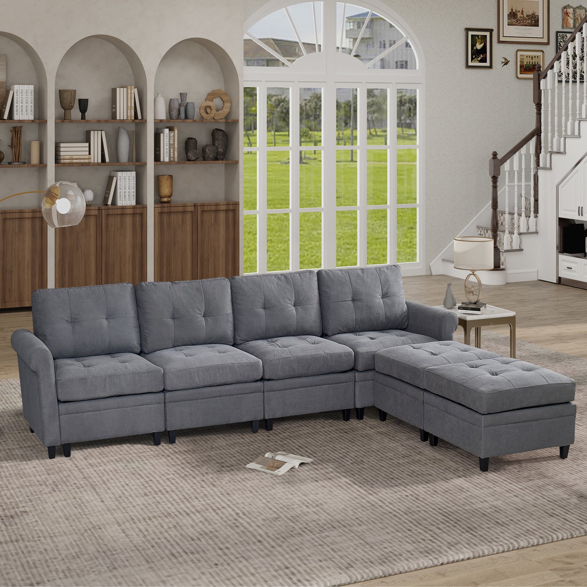U Shaped Sectional Couch Convertible Sectional Couch With Double Chaise 6 Seat Sectional Sofa For Living Room Grey Fabric 6 Seat