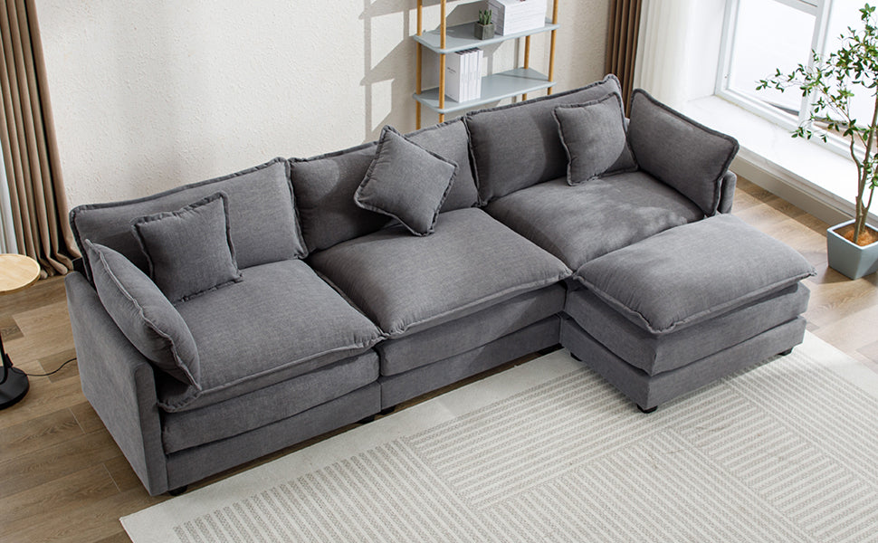 112.2" L Shape Chenille Upholstered Sofa For Living Room Modern Luxury Sofa Couch With Ottoman, 5 Pillows, Gray Gray Foam 4 Seat