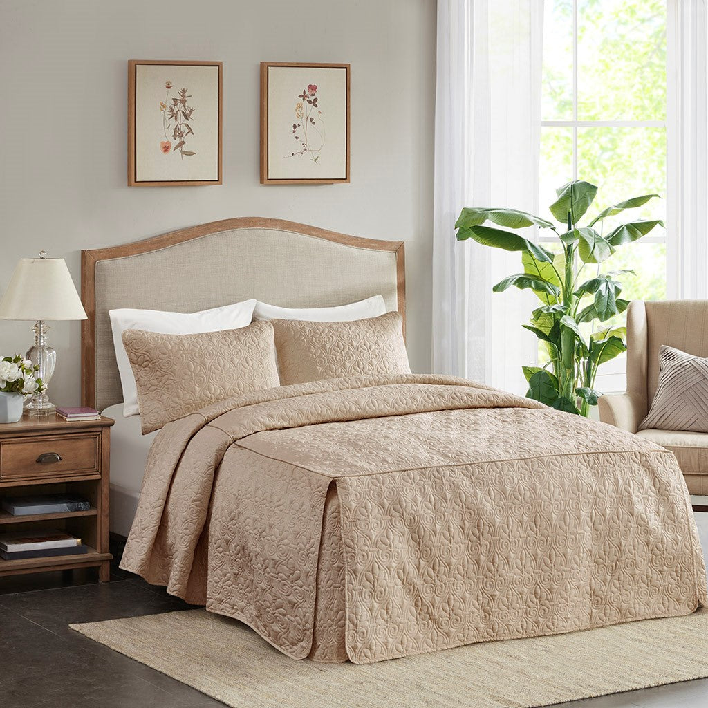 3 Piece Split Corner Pleated Quilted Bedspread Khaki Queen Khaki Polyester