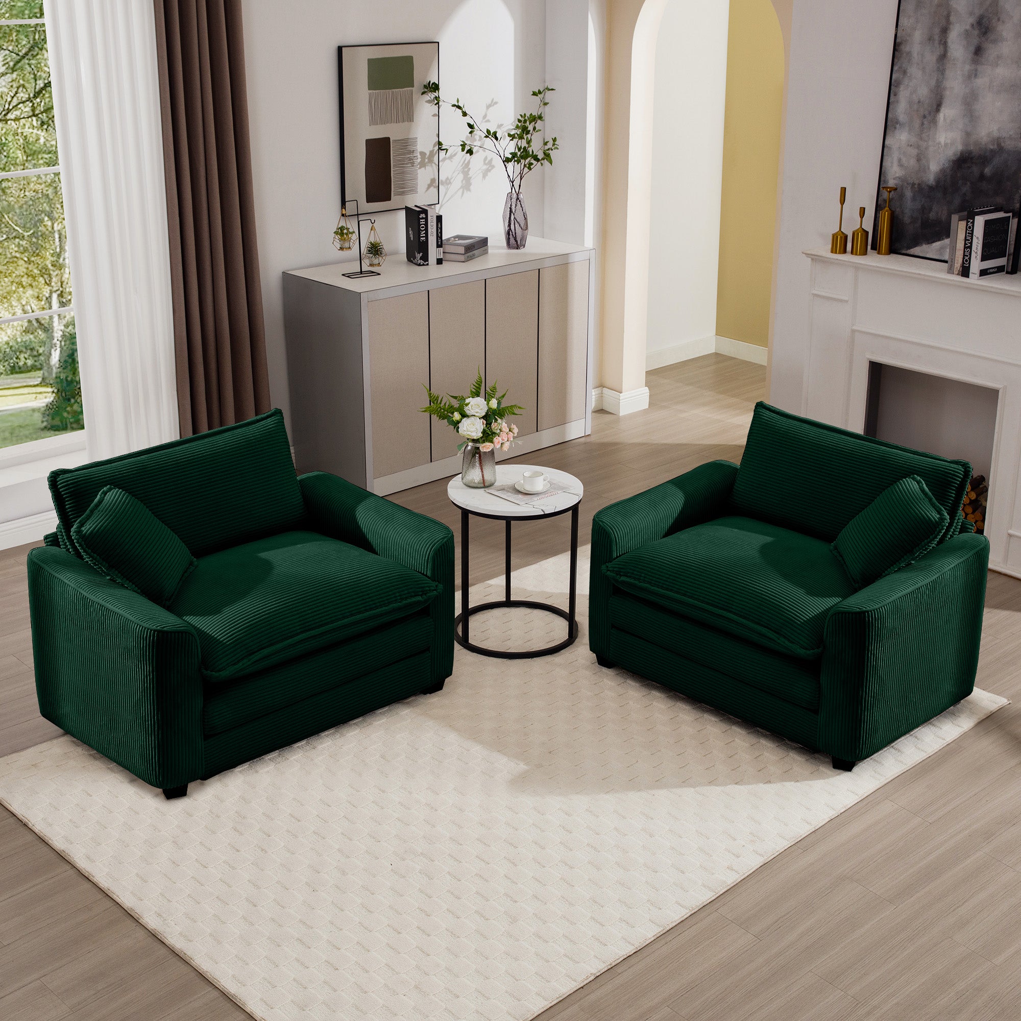 Luxurious And Sophisticated Deep Seated Sofa Set With Two Single Chairs In Green Corduroy Fabric, Suitable For Bedroom And Office Green Corduroy 2 Seat