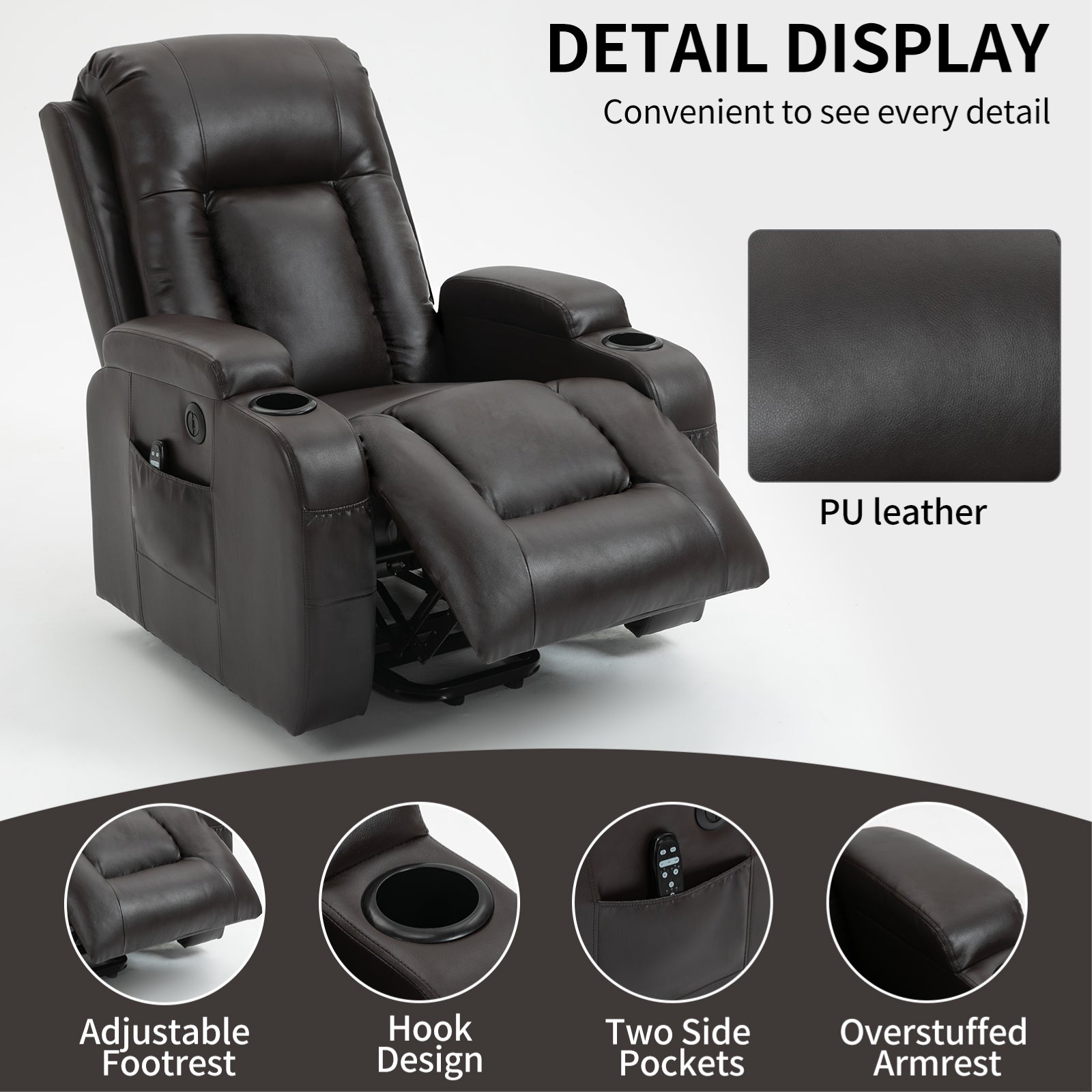 Infinite Position Up To 350 Lbs Power Lift Recliner Chair For Elderly, Heavy Duty Motion Mechanism With 8 Point Vibration Massage And Lumbar Heating, Usb Charging Port, Cup Holders, Brown White Metal Primary Living Space Heavy Duty Pine Brown Faux