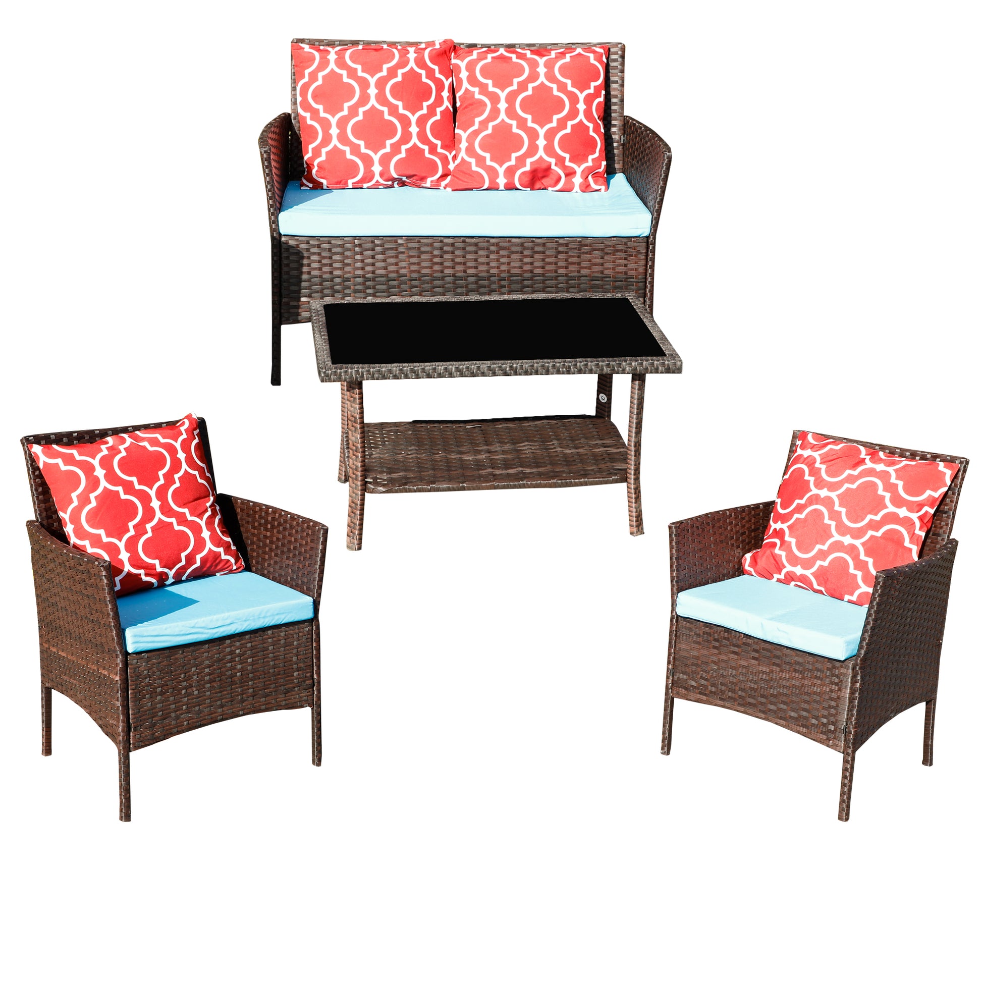 Four Piece Sofa Set Table With Sofa Chair Pe Rattan Outdoor Furniture Hy4 001 Box *1 With Emerald Green Color Cushion Yes Brown Uv Resistant Frame Water Resistant Cushion Iron