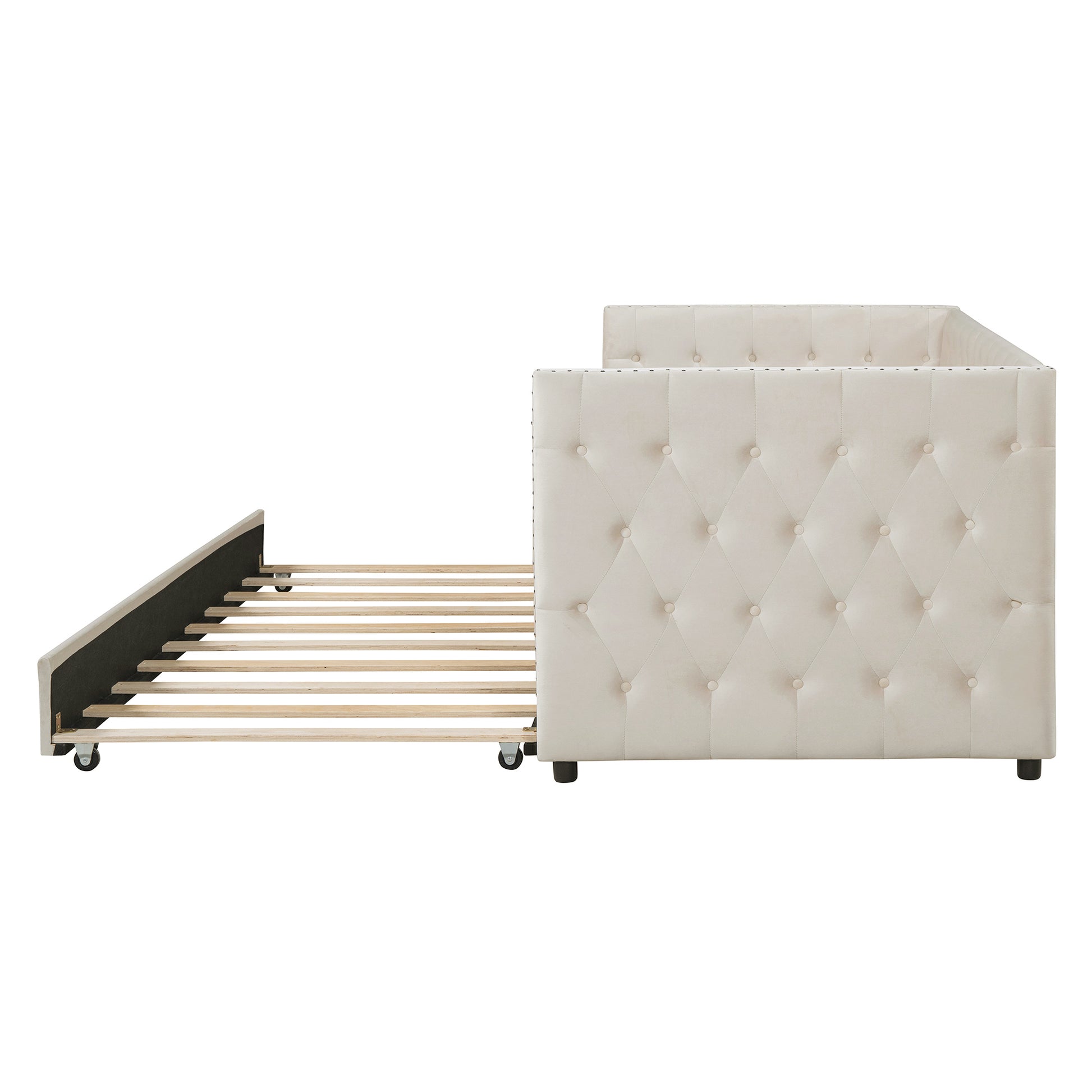 Twin Size Tufted Upholstered Daybed With Trundle, Velvet Sofabed With Rivet Design, No Box Spring Needed,Beige Twin Beige Velvet