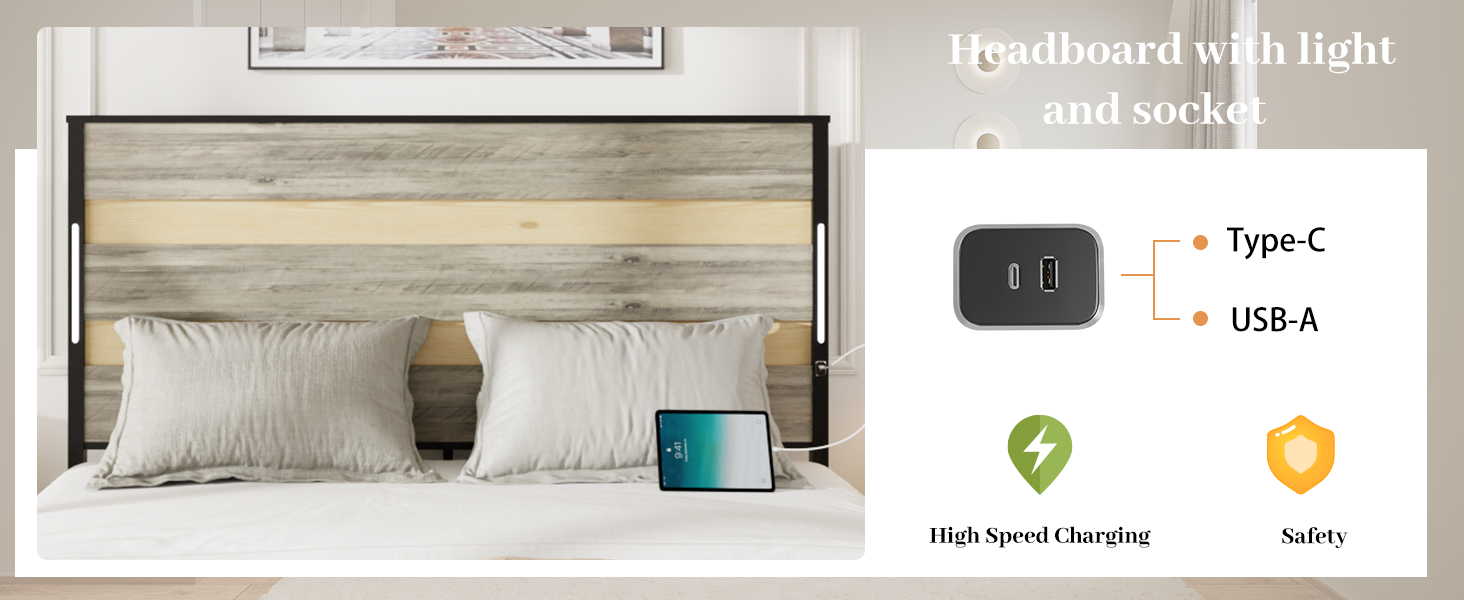 Queen Size Bed Frame With Headboard And 4 Storage Drawersqueen Bed Frame With Charging Station And Led Lights, Wood Slats, Easy Assembly,No Box Spring Needed,Industrial Gray Box Spring Not Required Queen Antique Gray Metal Bedroom Bed Frame Mdf Metal