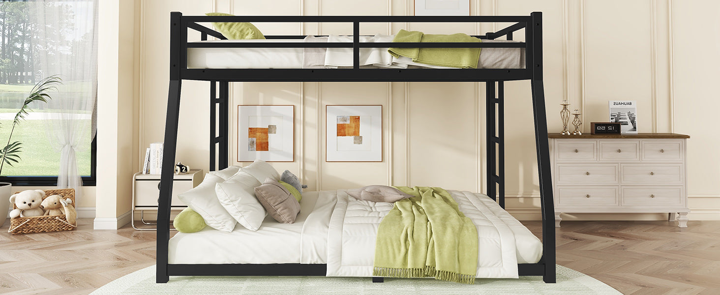 Metal Full Xl Over Queen Bunk Bed For Teens And Adults,Space Saving Noise Reduced No Box Spring Needed, Black Full Xl Black Metal