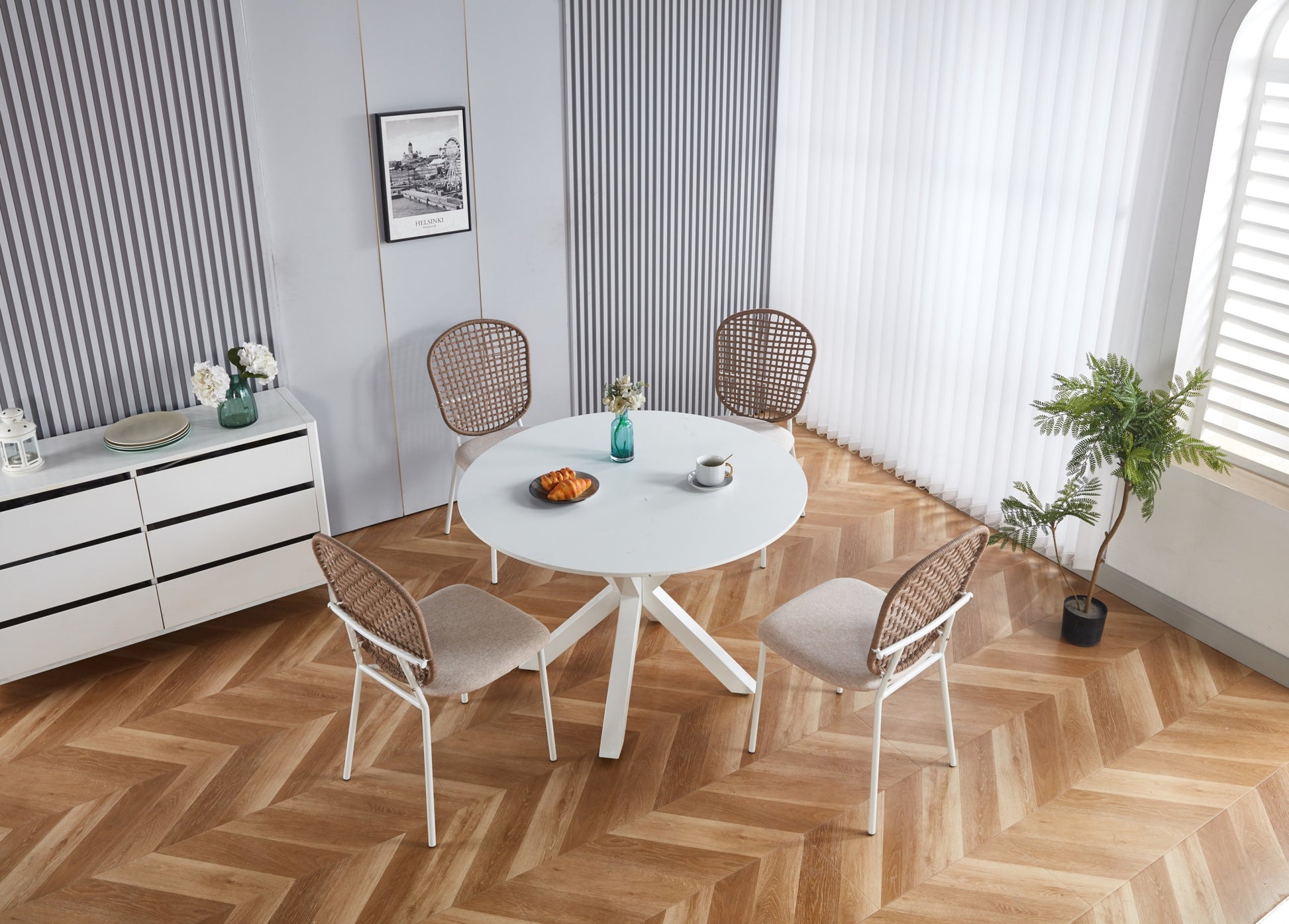 Beige Sennit Chair,Set Of 4,Dining Chair,Coffee Chair White Metal