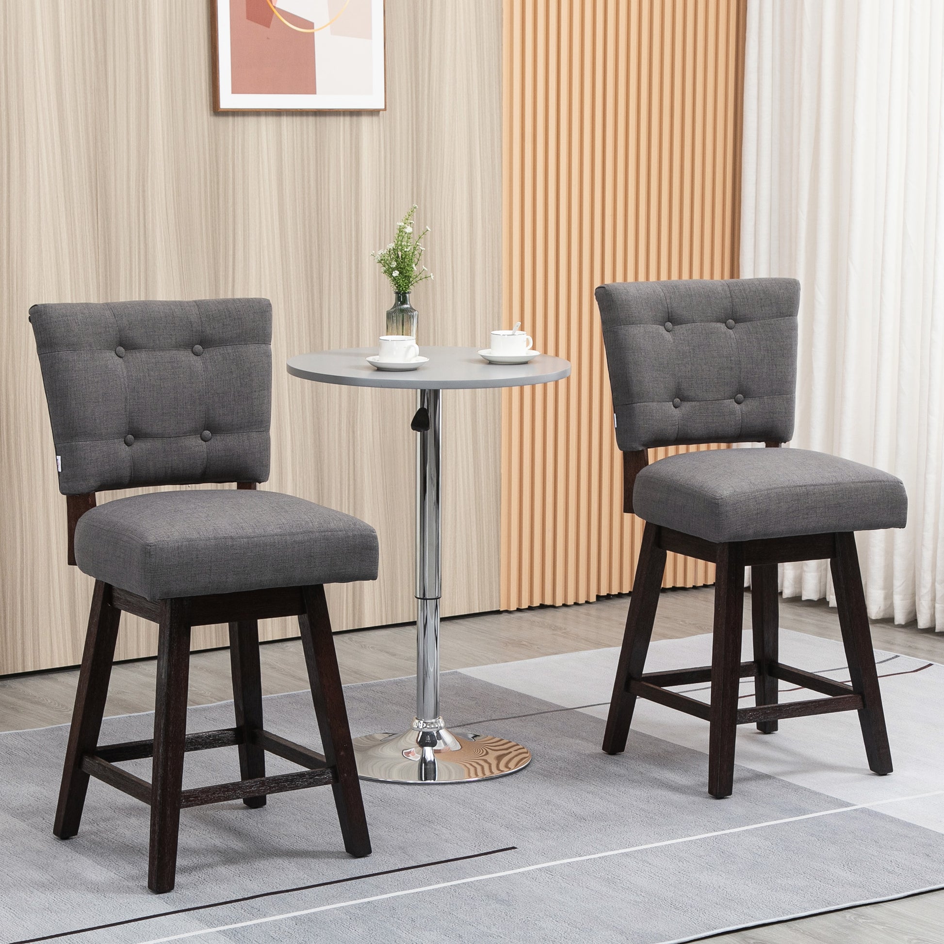 Homcom Counter Height Bar Stools Set Of 2, Fabric Tufted Swivel Barstools 26.5 Inch Seat Height With Rubber Wood Legs And Footrest For Dining Room, Kitchen, Pub, Grey Dark Grey Rubber Wood