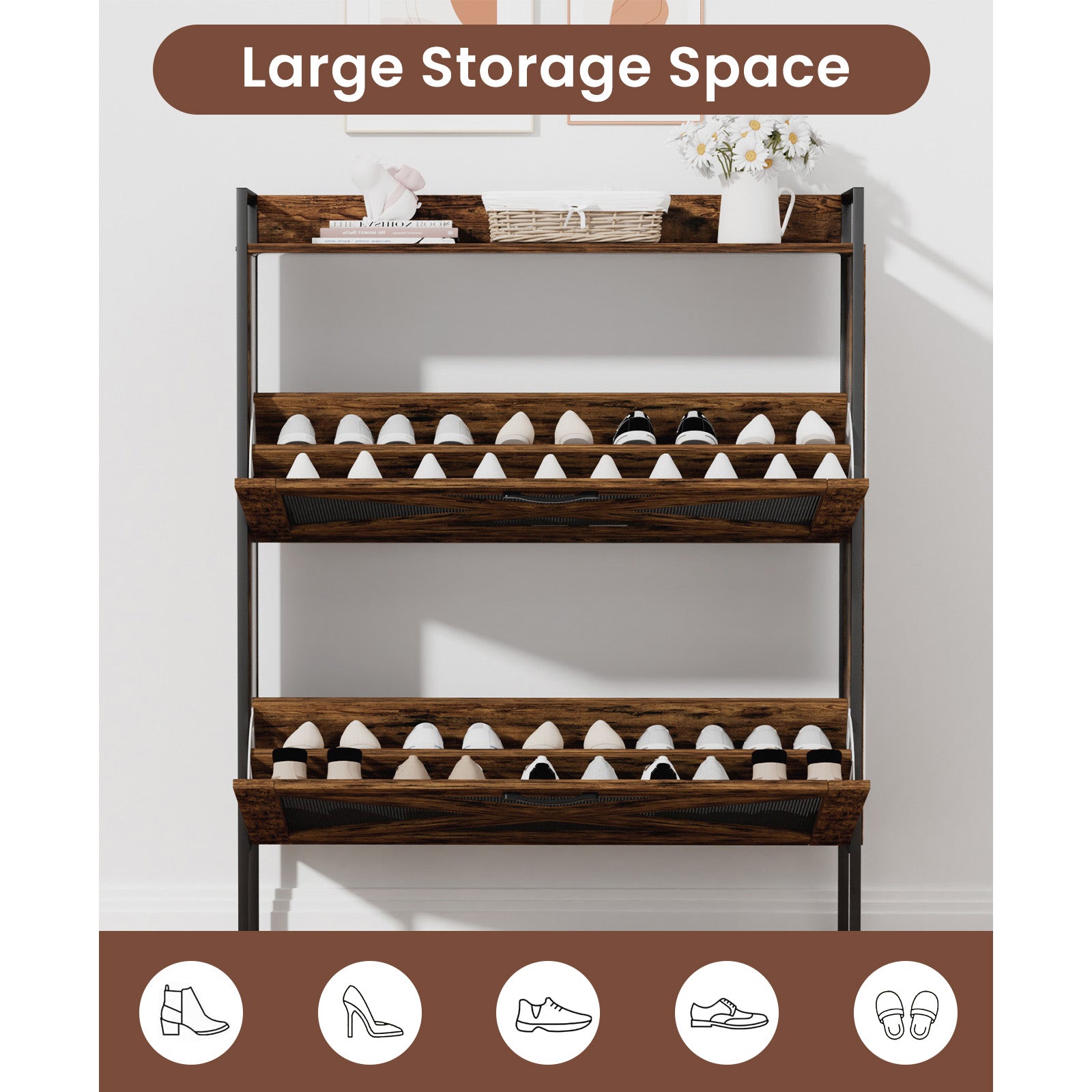 A Shoe Cabinet With 2 Flip Top Drawers, An Entryway Shoe Cabinet, A Narrow Standalone Shoe Rack Cabinet With Metal Legs, Rustic Brown,31.5'' W X 8.5'' D X 39.5'' H. Rustic Brown Particle Board
