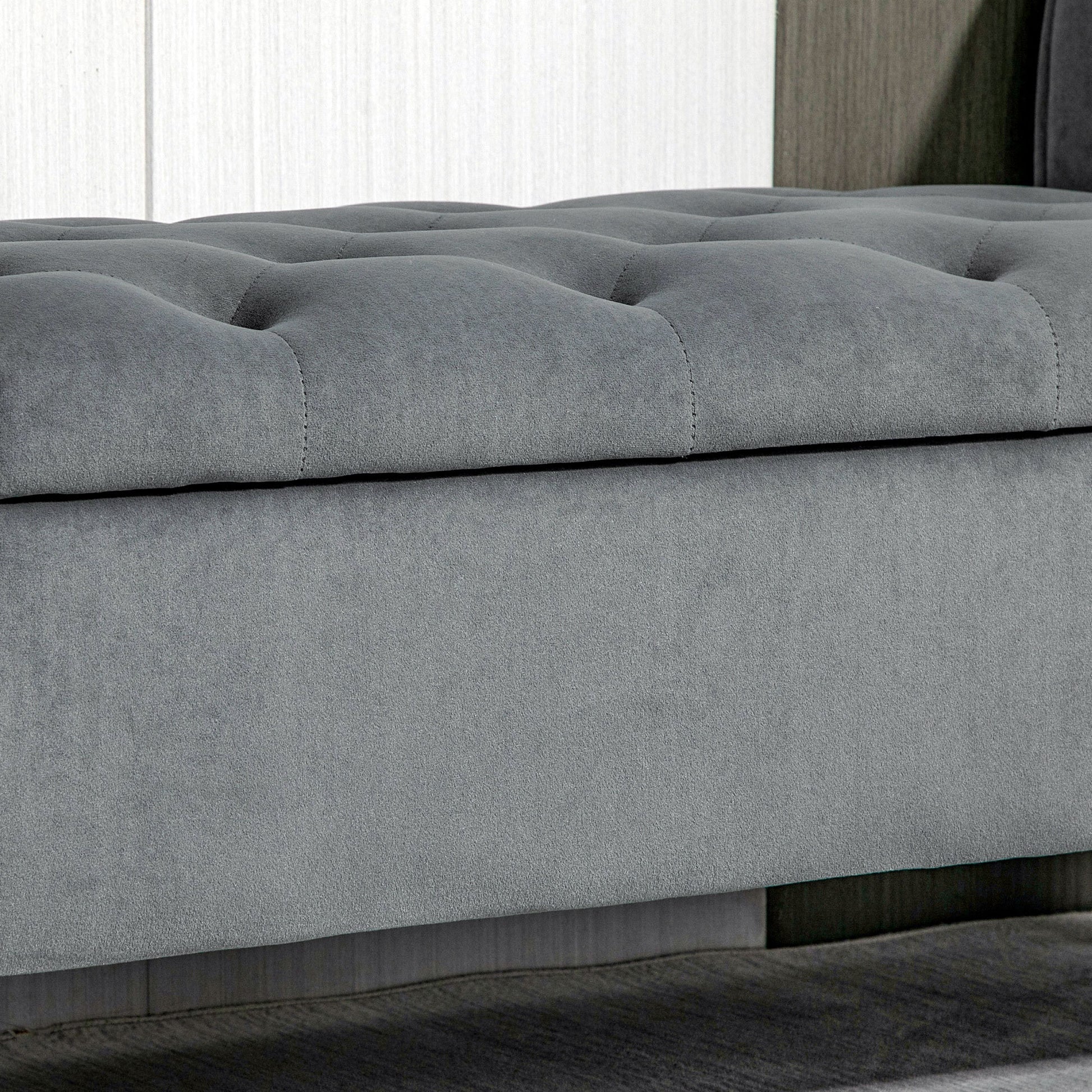 Homcom Button Tufted Storage Ottoman Bench, Upholstered Bench With Rolled Armrests For Living Room Or Hallway, Gray Grey Polyester