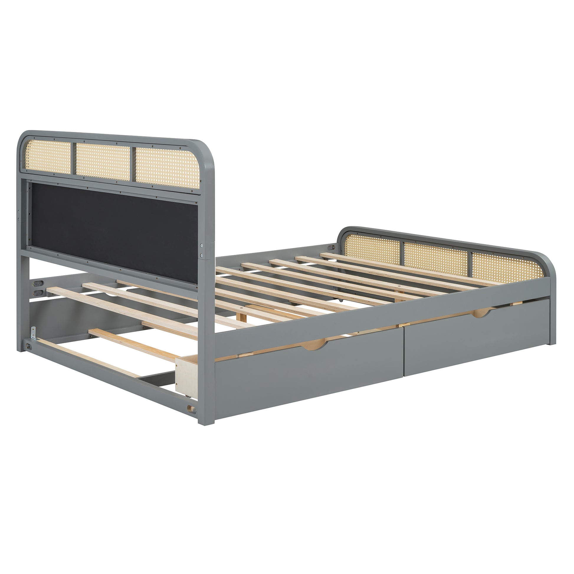 Queen Size Wooden Platform Bed With Trundle And 2 Drawers,Gray Queen Gray Solid Wood Mdf