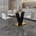 Table And Chair Set. A Rectangular Glass Dining Table With A 0.4 Inch Tempered Glass Tabletop And Mdf Board V Shaped Bracket, Paired With Chairs Consisting Of Pu Seat Cushions And Silver Metal Legs. White Black Seats 4 Tempered Glass