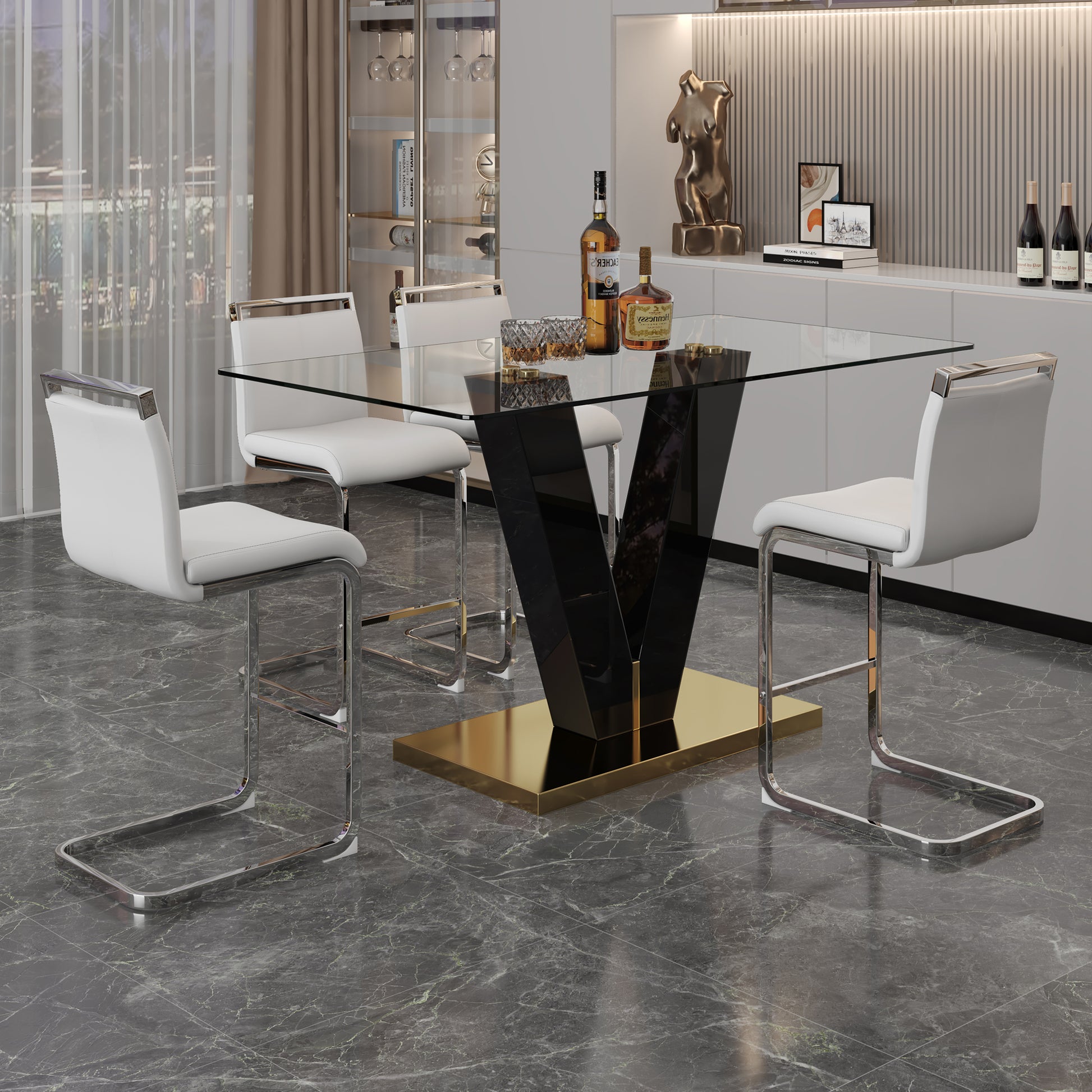 Table And Chair Set. A Rectangular Glass Dining Table With A 0.4 Inch Tempered Glass Tabletop And Mdf Board V Shaped Bracket, Paired With Chairs Consisting Of Pu Seat Cushions And Silver Metal Legs. White Black Seats 4 Tempered Glass