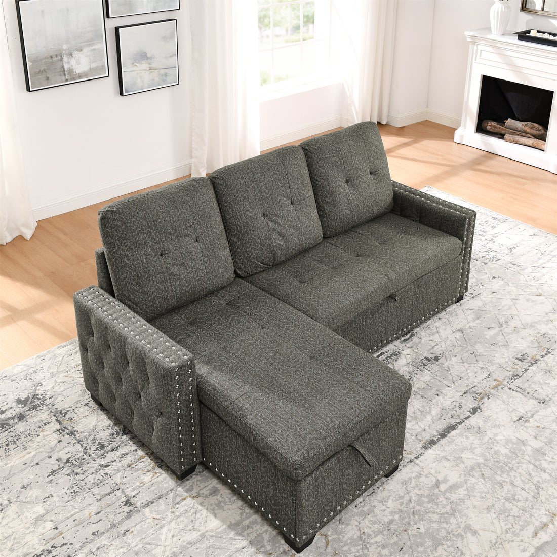 Sectional Sleeper Sofa With Storage Chaise For Living Room, Grey Linen Couch Antique Gray Wood Fabric 3 Seat