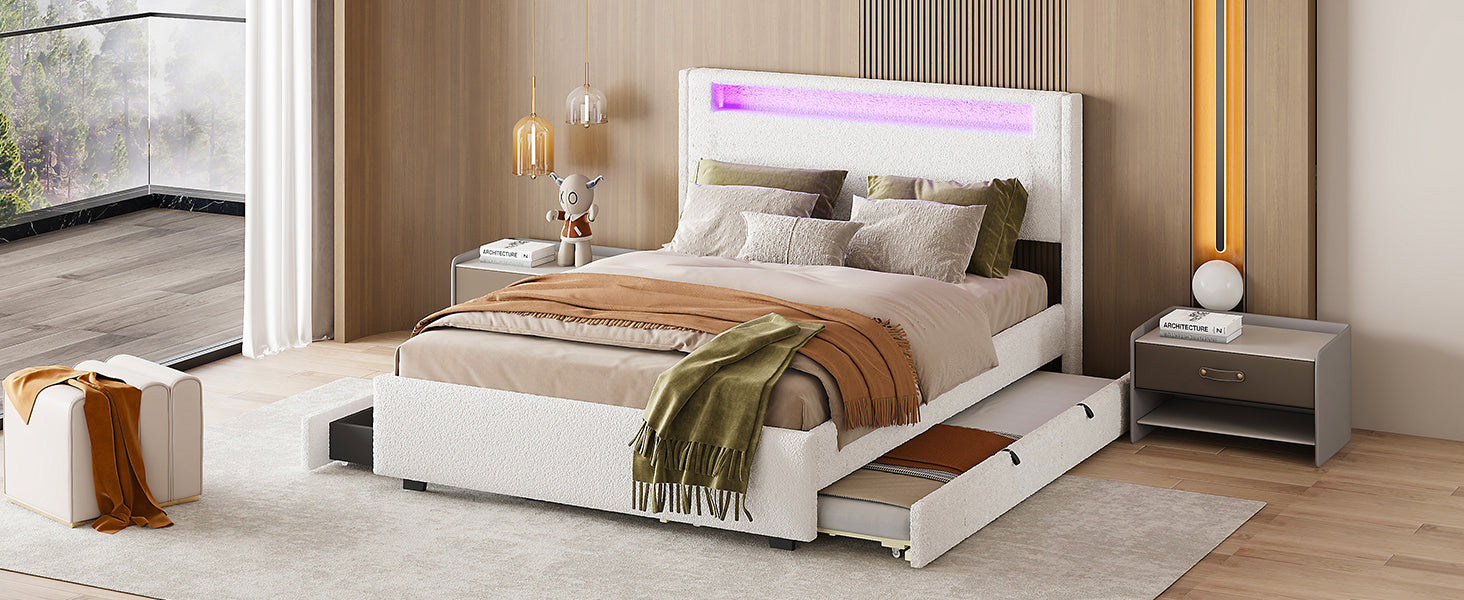 Full Size Upholstered Platform Bed With Led Frame, With Twin Size Trundle And 2 Drawers, Teddy Fleece, White White Fleece