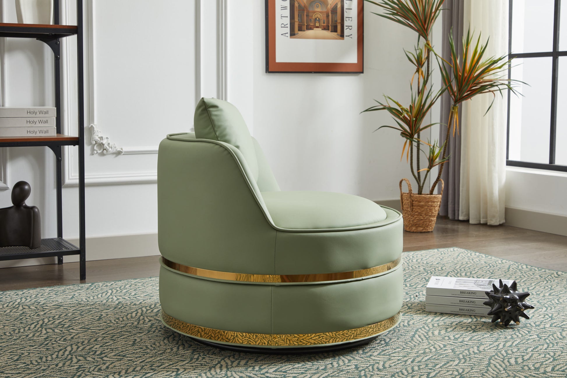 Swivel Chair, 360 Swivel Accent Chair, Barrel Chair For Living Room Bedroom Green Faux Leather