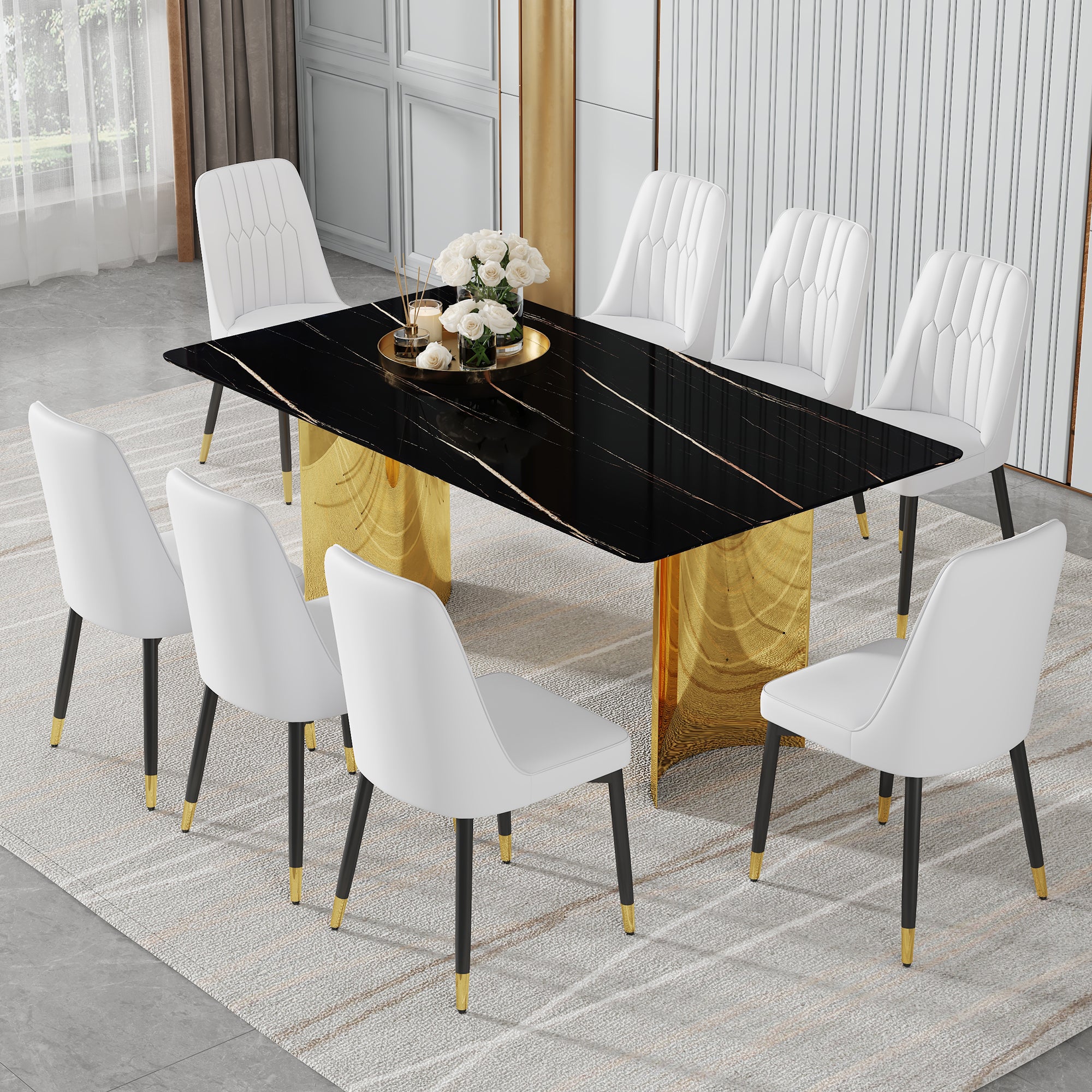 Table And Chair Set.The Table Has A Glass Top With Imitation Marble Pattern Stickers And Stainless Steel Golden Legs. Paried With Chairs With Pu Artificial Leather Backrest Cushions And Black Legs. Black Gold Seats 8 Glass Metal