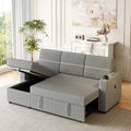 85 Inches Corduroy Sofa Bed, 3 Seater Sleeper Sofa With Storage Chaise, Square Handrail With Two Cup Holder And Usb Charge Port, Pull Out Couch For Living Room Light Grey Corduroy 3 Seat