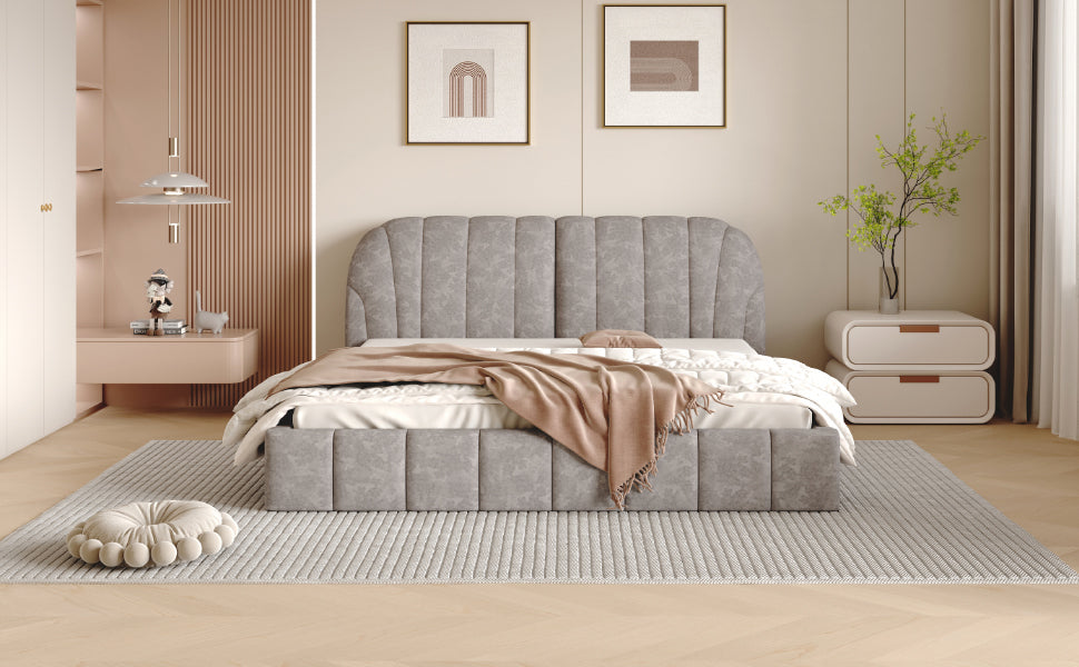 Queen Size Upholstered Platform Bed With Thick Fabric, Polyester, Gray Queen Gray Polyester