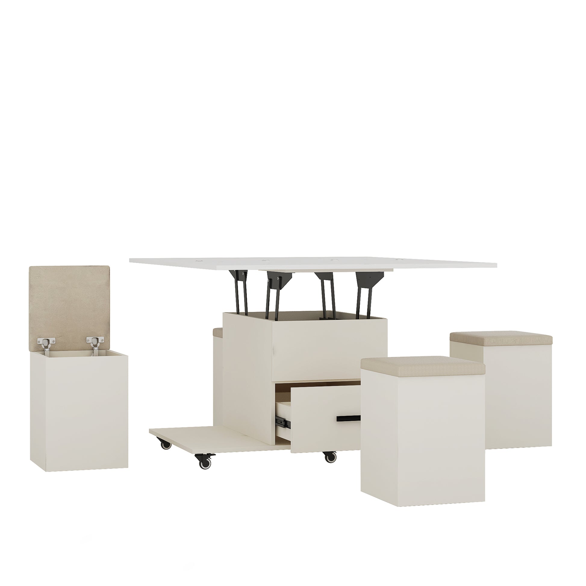 Modern Lift Up Coffee Table With 4 Stools Set For Living Room Expandable 1 Hidden Storage 2 Drawers Space Saving Folding Dining Table White Mdf