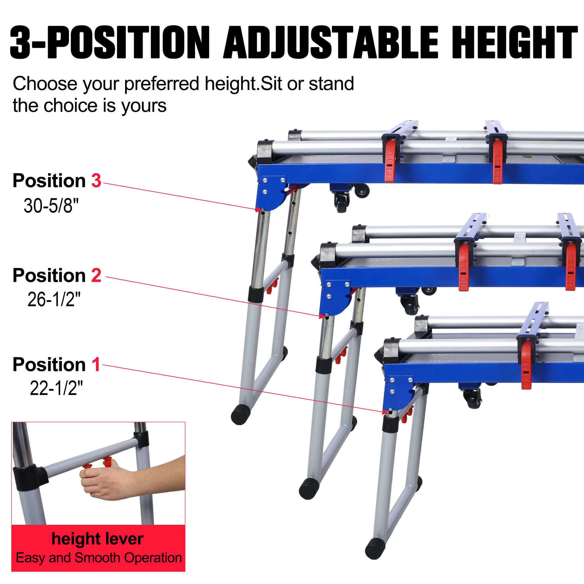 Miter Saw Stand, 5 In 1 Portable Workbench, Quick Folding Work Table With Detachable Miter Saw Stand & Height Adjustable Legs, Scaffold Dolly Creeper Platform For Woodworking, Repair, Masonry Blue
