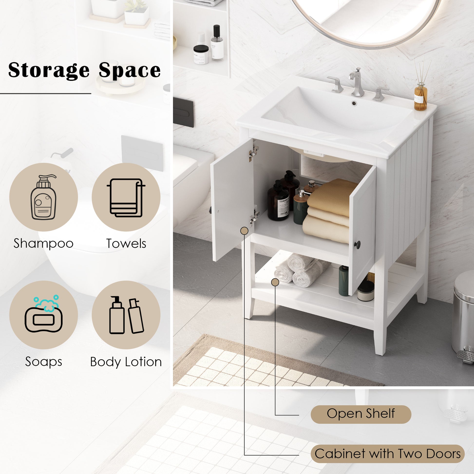 24" White Modern Sleek Bathroom Vanity Elegant Ceramic Sink With Solid Wood Frame Open Style Shelf White Solid Wood