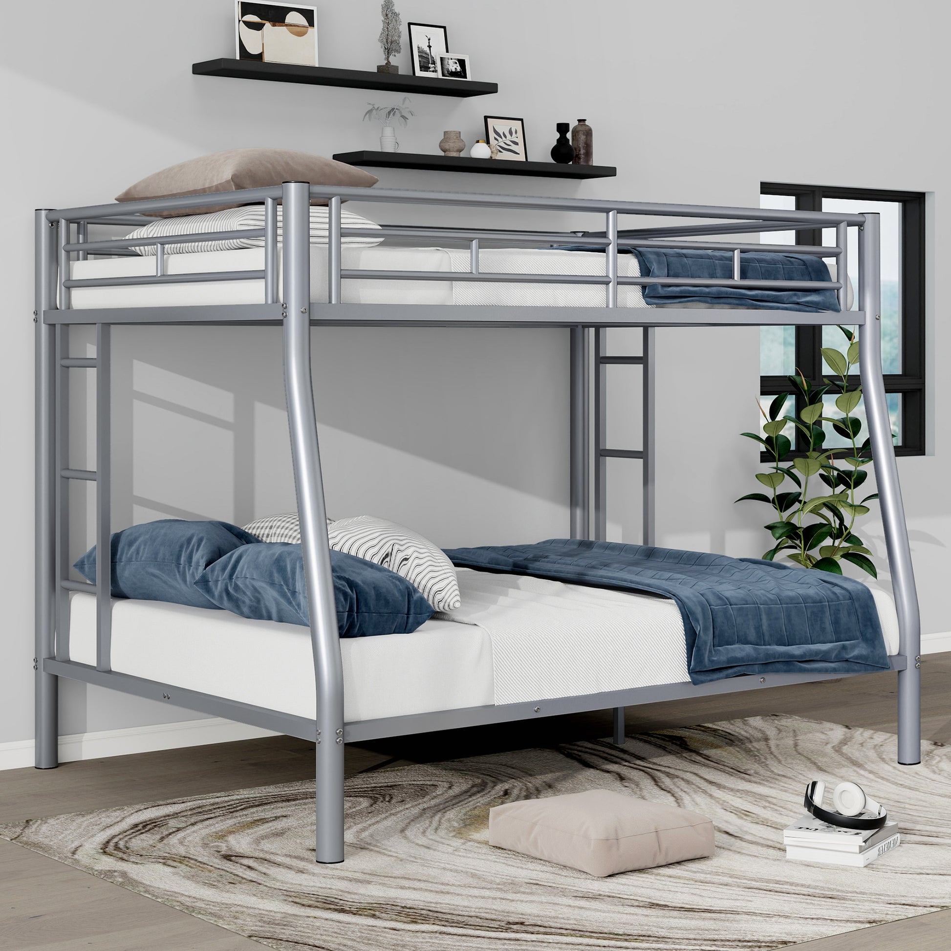 Full Xl Over Queen Metal Bunk Bed With Ladder And Guardrails, Silver Box Spring Not Required Full Xl Silver Metal Metal
