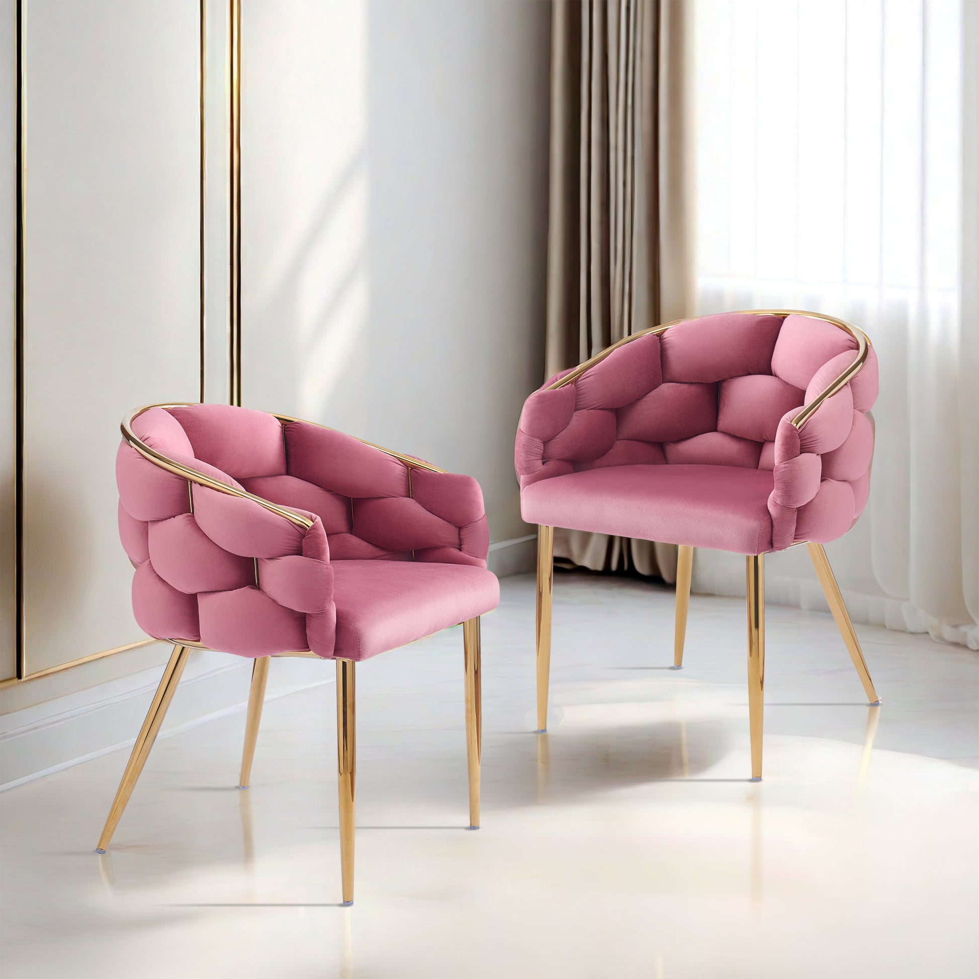 Set Of 2 Luxury Handmade Accent Chair With Gold Legs, Modern Velvet Armchair For Living Room And Bedroom Pink Foam Velvet