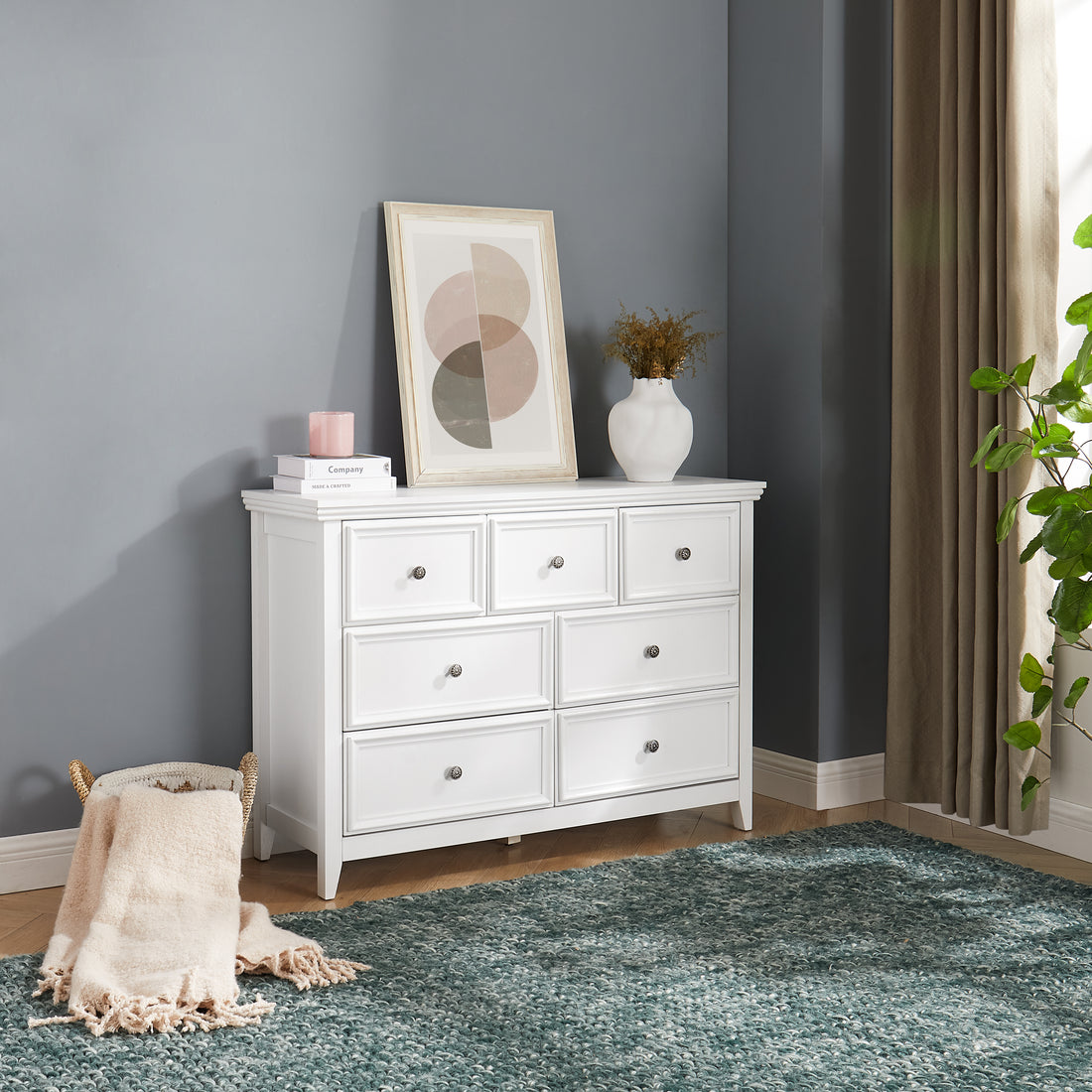 Modern 7 Drawers Dresser 7 Drawers Cabinet,Chest Of Drawers Closet Organizers And Storage Clothes Storage Drawers Cabinet For Living Room, Farmhouse Dresser Organizer White White Mdf