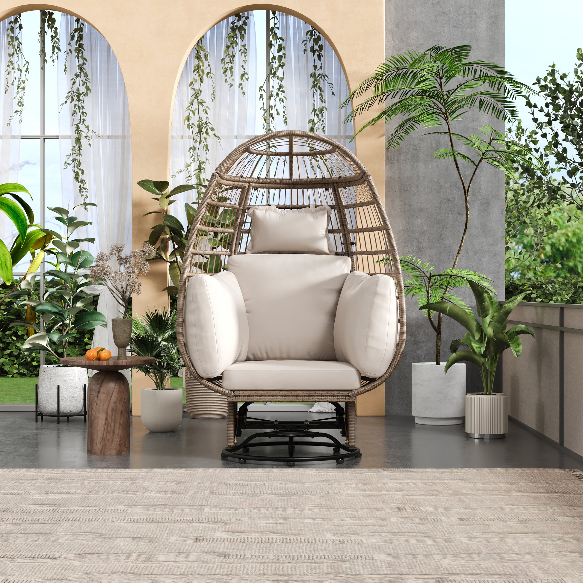 Outdoor Swivel Chair With Cushions, Rattan Egg Patio Chair With Rocking Function For Balcony, Poolside And Garden Natural Wicker Beige Cushion Natural Beige Wicker