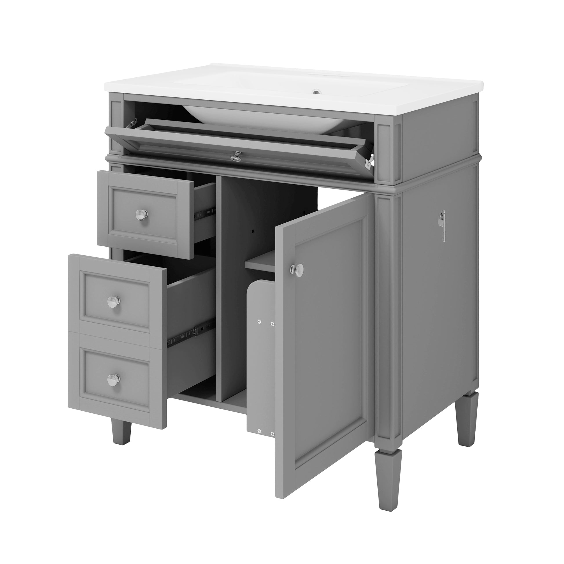 30'' Bathroom Vanity With Top Sink, Modern Bathroom Storage Cabinet With 2 Drawers And A Tip Out Drawer, Single Sink Bathroom Vanity Grey Modern Mdf Ceramic,Solid Wood Mdf