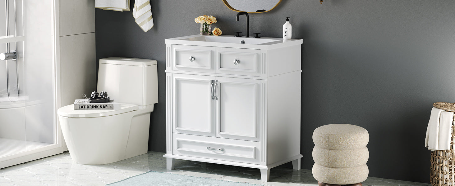 30'' Bathroom Vanity With Resin Sink, Solid Wood Frame Bathroom Storage Cabinet With Soft Closing Doors, Retro Style, White Same As Sw000118Aak White Bathroom Modern Solid Wood Mdf Resin