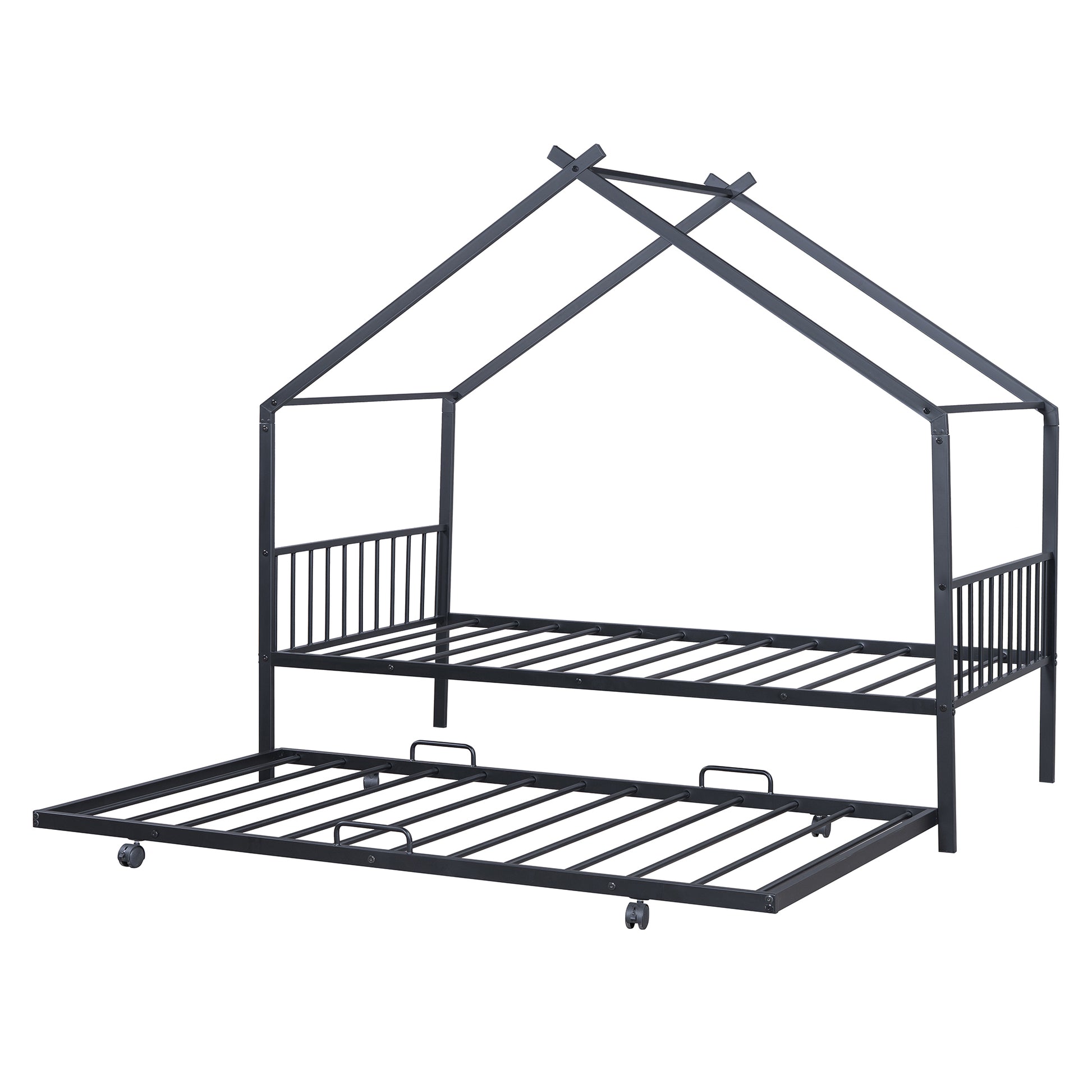 Twin Size Metal House Bed With Twin Size Trundle, Black Twin Black Metal