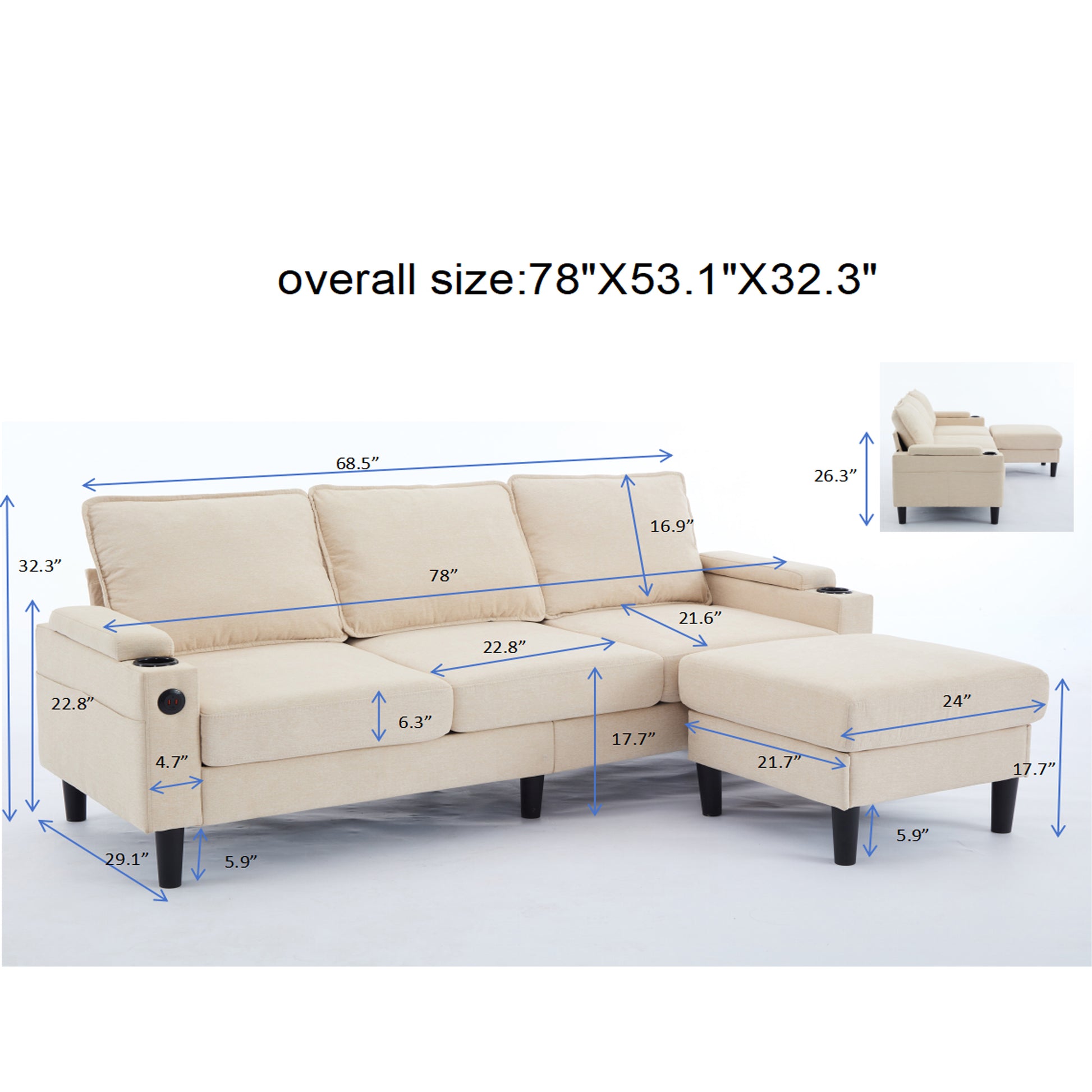 Beige Color Knock Down 3 Seat Combo Sofa With Storage Ottoman For Living Room Apartment Bedroom And Compact Room, Upholstered Sectional Couch, L Shaped Bench With A Footrest, A Individual Sto White