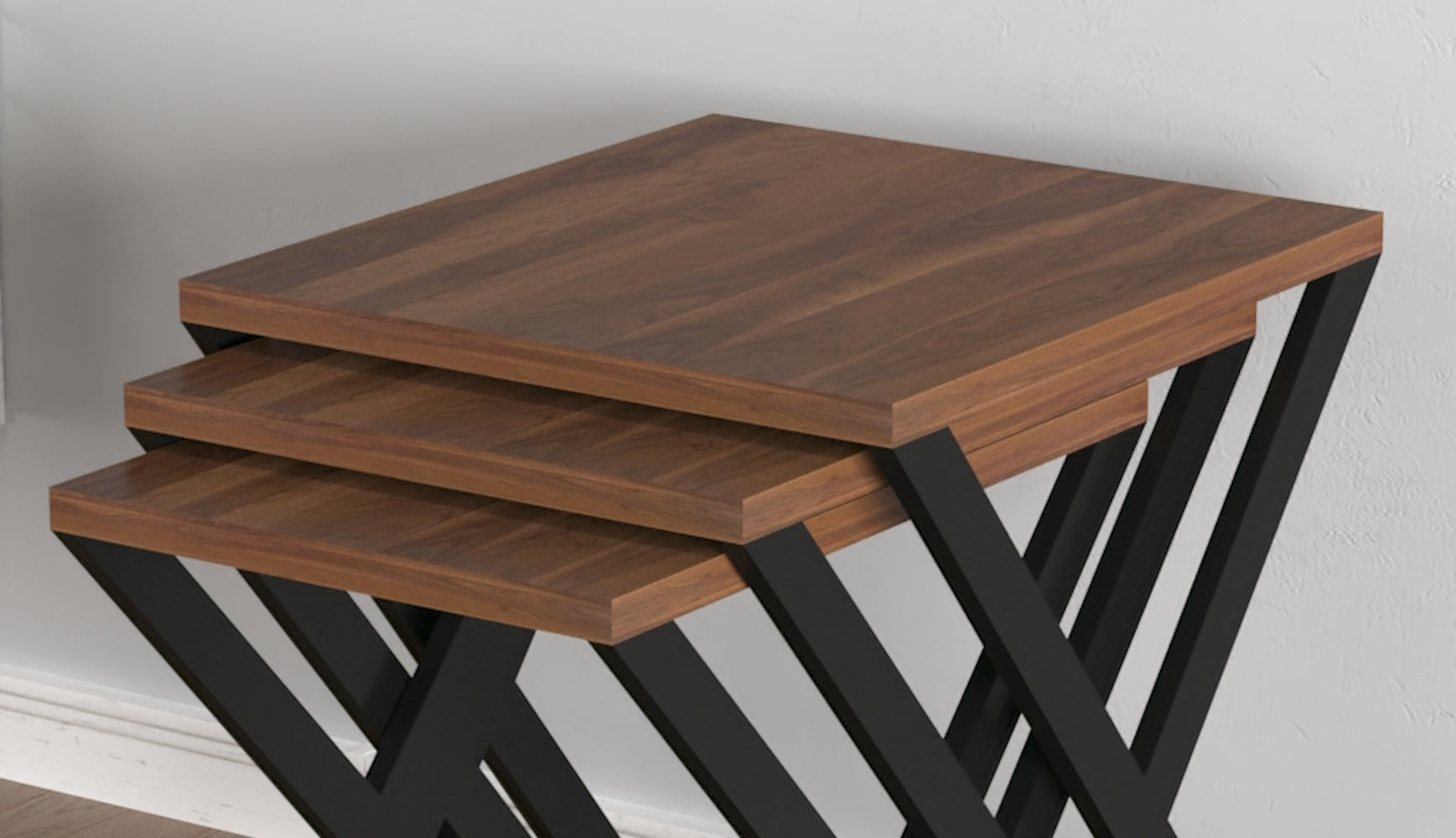 Kira Nesting Table 3 Pieces, Metal Legs Wood Base Nesting Table, Walnut Walnut Brown Contemporary Rectangular Wood