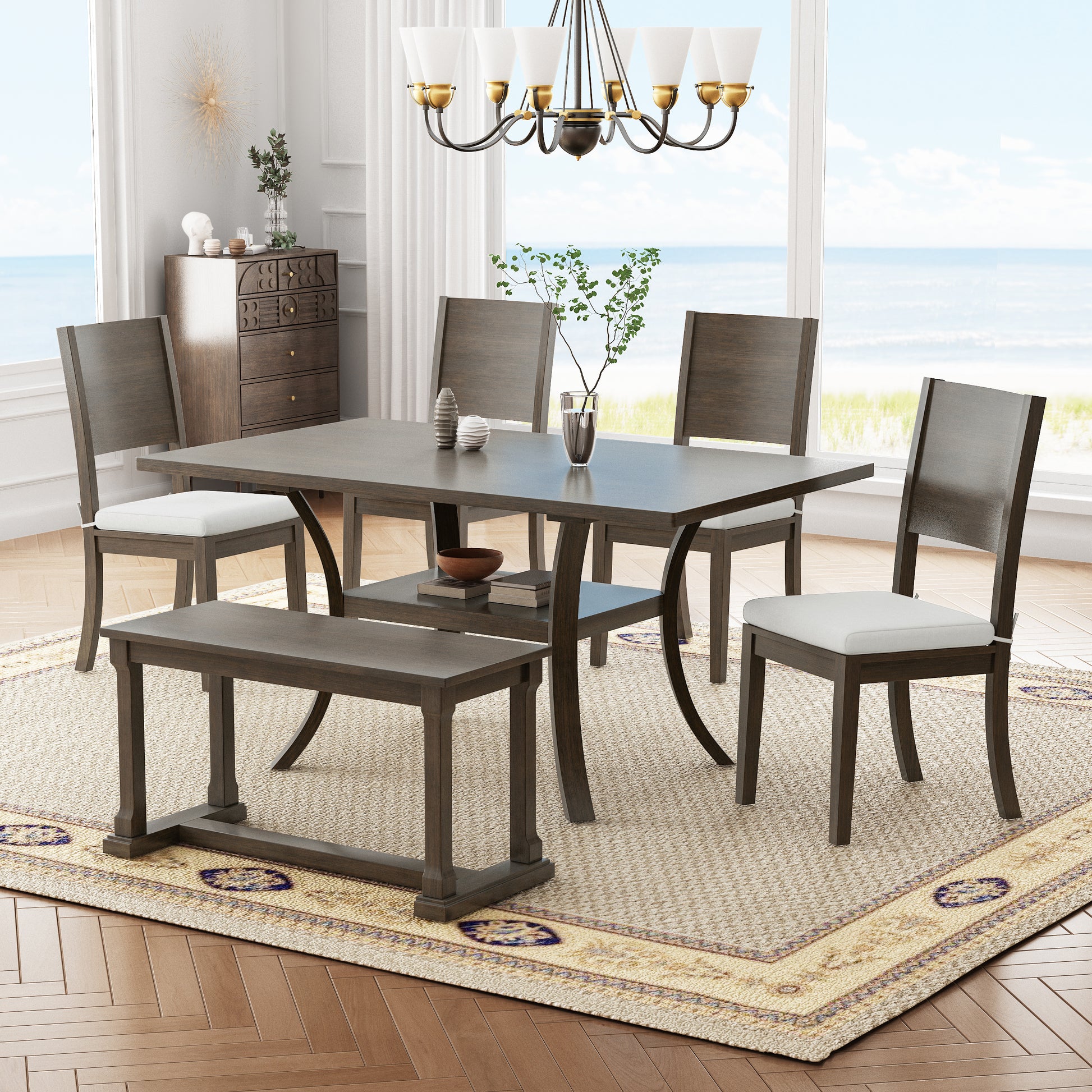 6 Piece Wood Dining Table Set With Storage Shelf And Curved Legs, Kitchen Table Set With Bench And 4 Removable Cushions Dining Chairs, Modern Style, Brown Gray Cushion Wood Dining Room Solid Wood Rubberwood Rectangular Dining Table With Bench Wood Wood